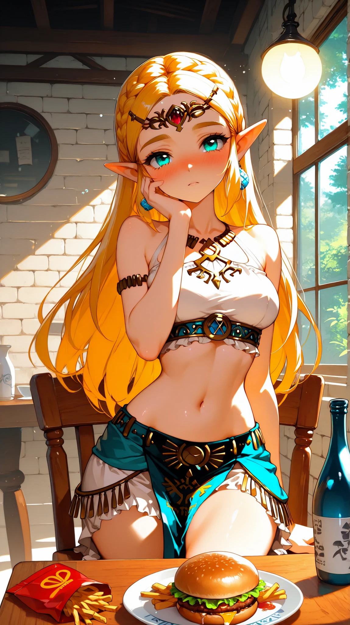 Princess Zelda \(the legend of zelda\) a young woman sitting at a table with a plate of french fries and a burger in front of her. A wooden counter in a forest at night, with glowing blue sake bottles and soft lamplight.  the woman, who appears to be in her early twenties, a light-skinned slender body, elf-like ears, aqua eyes, and blonde hair and is wearing a white crop top and ruffled leaf skirts,  with golden jewelry and a tiara. she is holding a fork in her right hand and has a trifor tattoo on her left arm. her facial expression is mischievous drunk expression, relax pose,  in the background, there is a tropical beach with turquoise water and greenery visible through a large window. the image also shows a wooden table, a white brick wall, and a wooden chair. 1girl, solo, unrivaled beauty, whole body, slim hips,  slim figure,  very drunk, slim waist, vivid eyes, good-looking, steaming body, young seductress, clothing texture, detailed eyes, beautiful face, beautiful girl, beautiful body, beautiful hair, Masterpiece, very aesthetic, perfect composition, ((detailed eyes)), (highly detailed), ((Best quality :1.2)),((Detailed :1.5)),((Detailed background :1.5)). (HD eyes:1.4), ((4k,8k,Ultra HD)), {perfect body},(highly detailed), (oldschool style),  retro artstyle, 2000s (style),