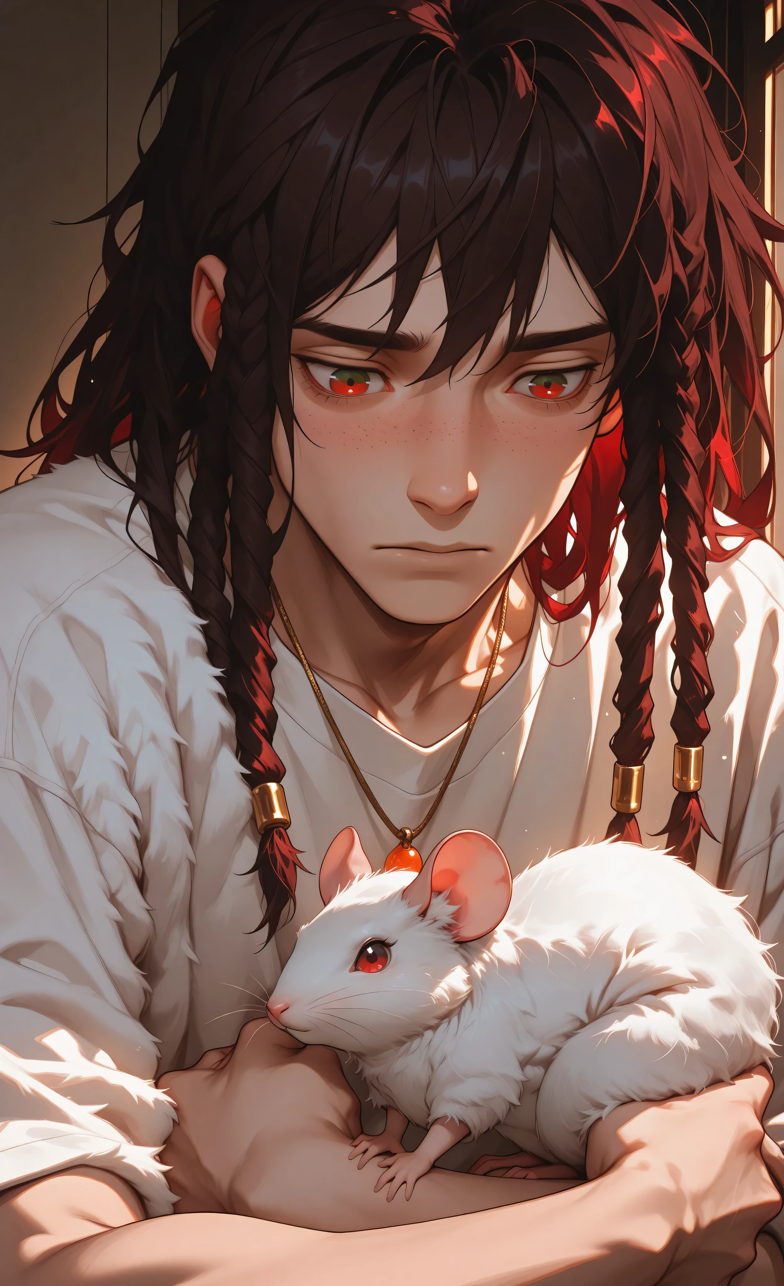 (moody lighting, dramatic shadows, bloom lighting, colored shadows, Ink Style, best quality, soft lines, clear details, masterpiece:1.3, 8k:1.3, Highest quality:1.3, detail:1.3, high resolution:1.3, digital painting, super detail, 1male),
(digital painting, cinematic, atmospheric),
A young man, late teens, light skin, long dark brown dreadlocks with gold accents, (green eyes:1.3),
angular face, subtle freckles, neutral expression, gazing down gently,
wearing: simple white t-shirt, delicate necklace with small orange pendant charms,
(right hand gently cradling a fluffy white mouse with red eyes:1.5), observing it tenderly,
dark atmospheric setting, low-light environment, soft shading,
dramatic lighting highlighting face and mouse, soft textures,
intimate mood, gentle atmosphere, close-up shot, centered composition,
stylized illustration, emotional connection