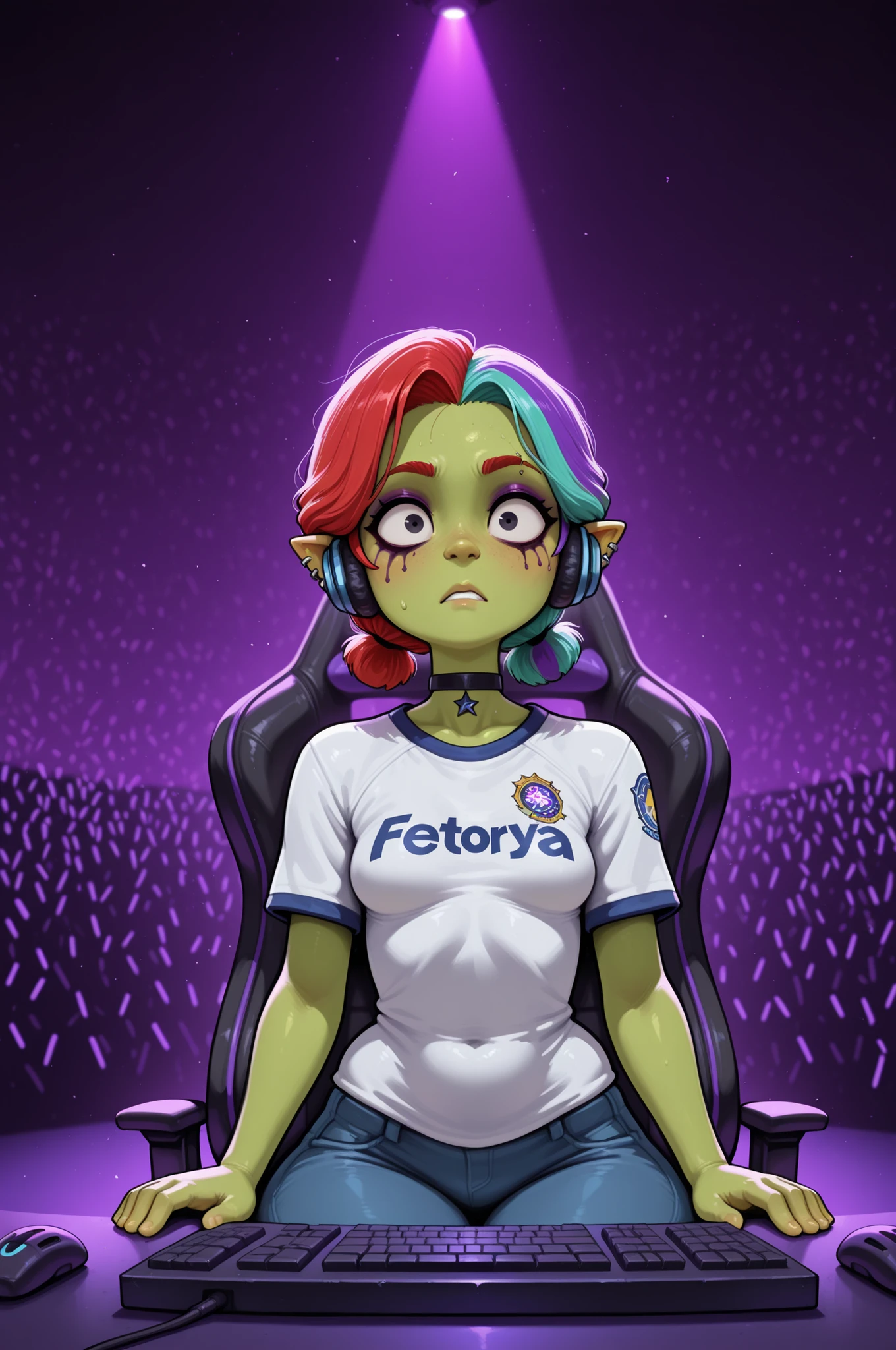 female punk, random colors hair, black eye , facial piercings, eye makeup, small breasts, meduim hips, (goblin femboy:1.0) (shortstack:1.0) (green skin:1.0) (pointy ears:1.0) (wide hips:1.0) boy. crossdressing, femboy. huge hips, very short hair. Bouffant. femboy. choker.| professional gamer girl focused during eSports competition, sitting in an ergonomic gamer chair, wearing professional headphones, determined expression, olhos fixos na tela, quick hands on the keyboard and mouse, colored hair tied, official team uniform with personalized logo, intense lighting on stage, high resolution monitors showing game in progress, audience in the background watching on big screens, arena environment, dramatic RGB lighting, reflexos na tela, Realistic face details , light perspiration, visible voltage, state-of-the-art equipment, live stream, alta qualidade, 8K, fotorrealismo