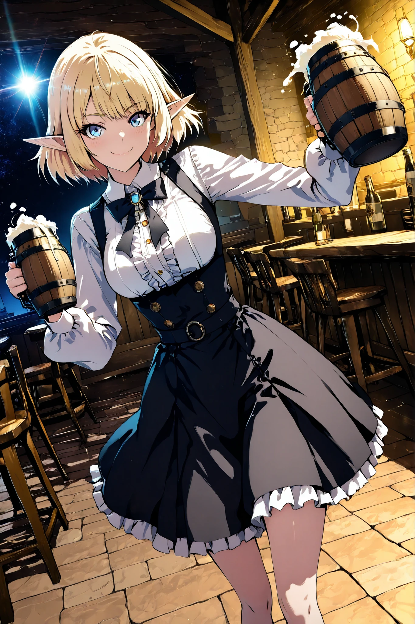 1 elf girl holding a beer keg ,Blonde ,Focus on elf attire、、Beautiful blue eyes 、detailed eyes 、 flushed 、cute faces getting creampied, watercolor, , anime style4K, 、provocative smile、
medium hair, dramatic lighting、bright color、 Strong Brushwork 、high contrast 、 、、、
lens flare、
Highest Quality, HD model, Ultra High Accuracy, 3D Rendering, ultra sharp、
,,BREAK, 16K resolution,masterpiece,Super Detailed,Ultra Hi-Vision,Ultra Quality,anime style , detailed eyes ,detailed face, ,HDR ,Clear Line ,Make the colors as vivid as possible, detailed background、Tavern、Indoor