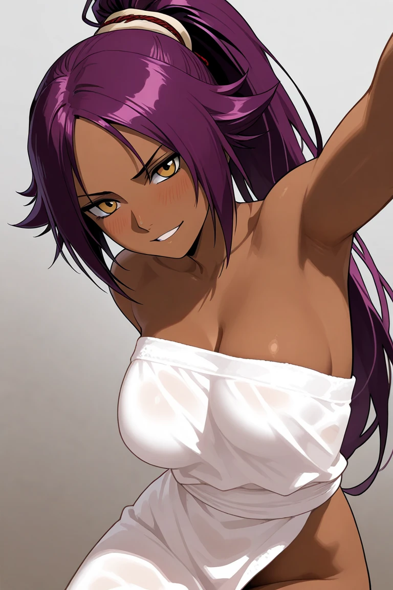 1 woman, yoruichi shihouin, dark skinned, long dark purple hair, ponytail, ((detailed eyes:1.2)), wearing tanktop, ????, sensual, sleeveless, underboob, masterpiece, top quality, best quality, official art, beautiful and aesthetic:1.2), extreme detailed, colorful, highest detailed