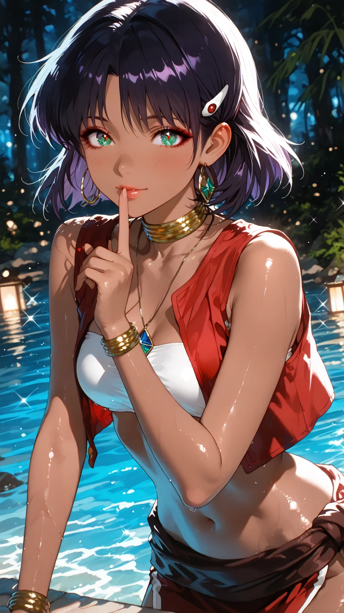  1 beautiful girl,Beautiful colored light, Sparkle in the eyes, glossy lips, slender body, Sensual Body, (shushing), Beautiful skin that repels water,Tranquil standing in natural light,Sandy coast, High Quality, Realistic Portraits,realistic texture,Precise Depiction,Deep Focus,Vivid Colors,grace,Elegant Atmosphere, nadia la arwall,purple hair,dark-skinned female,red loincloth,jewelry,bandeau,hairclip,red vest,necklace,