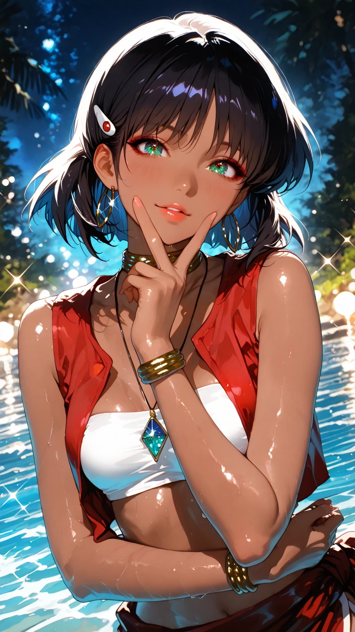  1 beautiful girl,Beautiful colored light, Sparkle in the eyes, glossy lips, slender body, Sensual Body, (V over mouth), Beautiful skin that repels water,Tranquil standing in natural light,Sandy coast, High Quality, Realistic Portraits,realistic texture,Precise Depiction,Deep Focus,Vivid Colors,grace,Elegant Atmosphere, nadia la arwall,purple hair,dark-skinned female,red loincloth,jewelry,bandeau,hairclip,red vest,necklace,