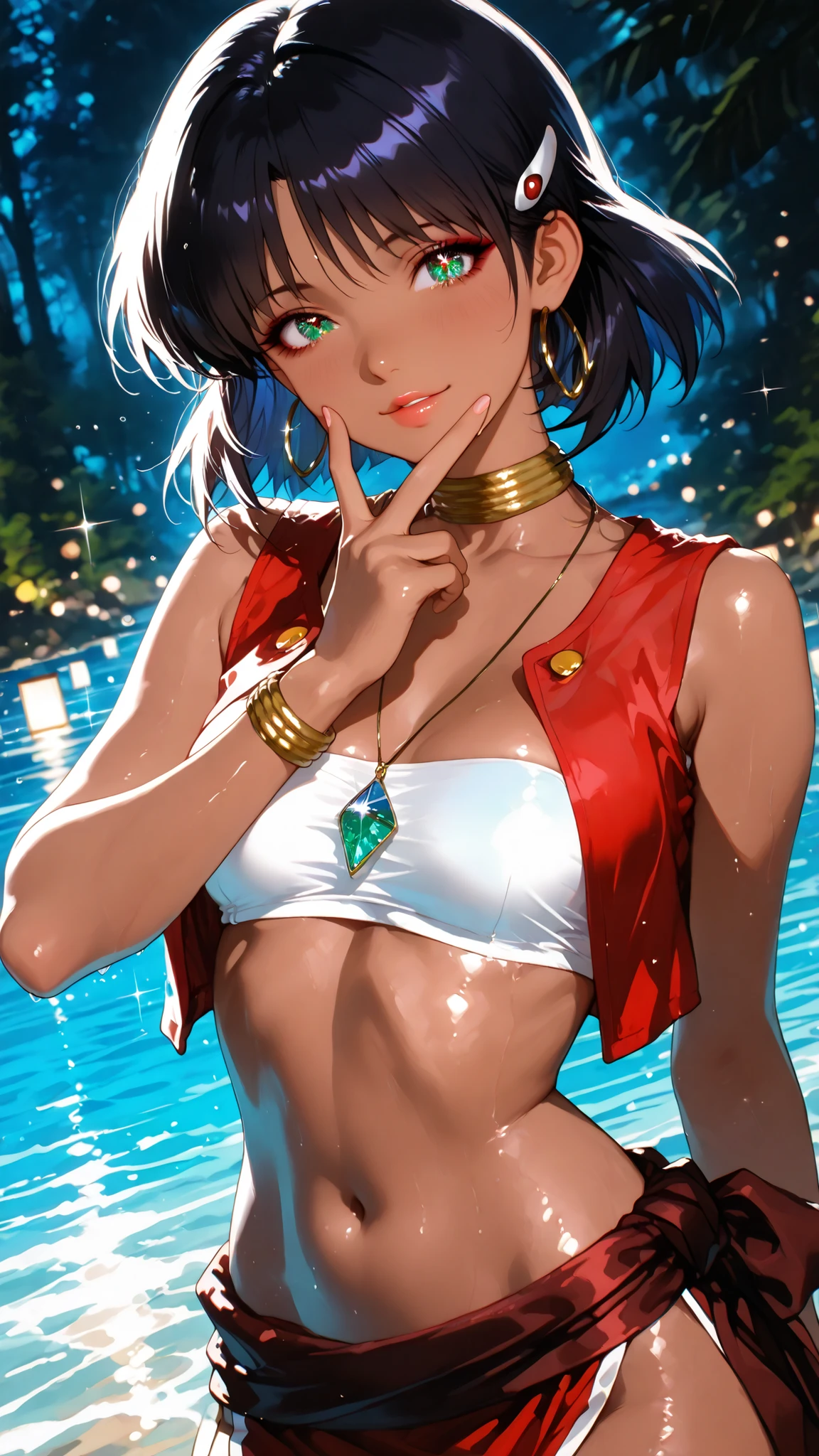  1 beautiful girl,Beautiful colored light, Sparkle in the eyes, glossy lips, slender body, Sensual Body, (V over mouth), Beautiful skin that repels water,Tranquil standing in natural light,Sandy coast, High Quality, Realistic Portraits,realistic texture,Precise Depiction,Deep Focus,Vivid Colors,grace,Elegant Atmosphere, nadia la arwall,purple hair,dark-skinned female,red loincloth,jewelry,bandeau,hairclip,red vest,necklace,