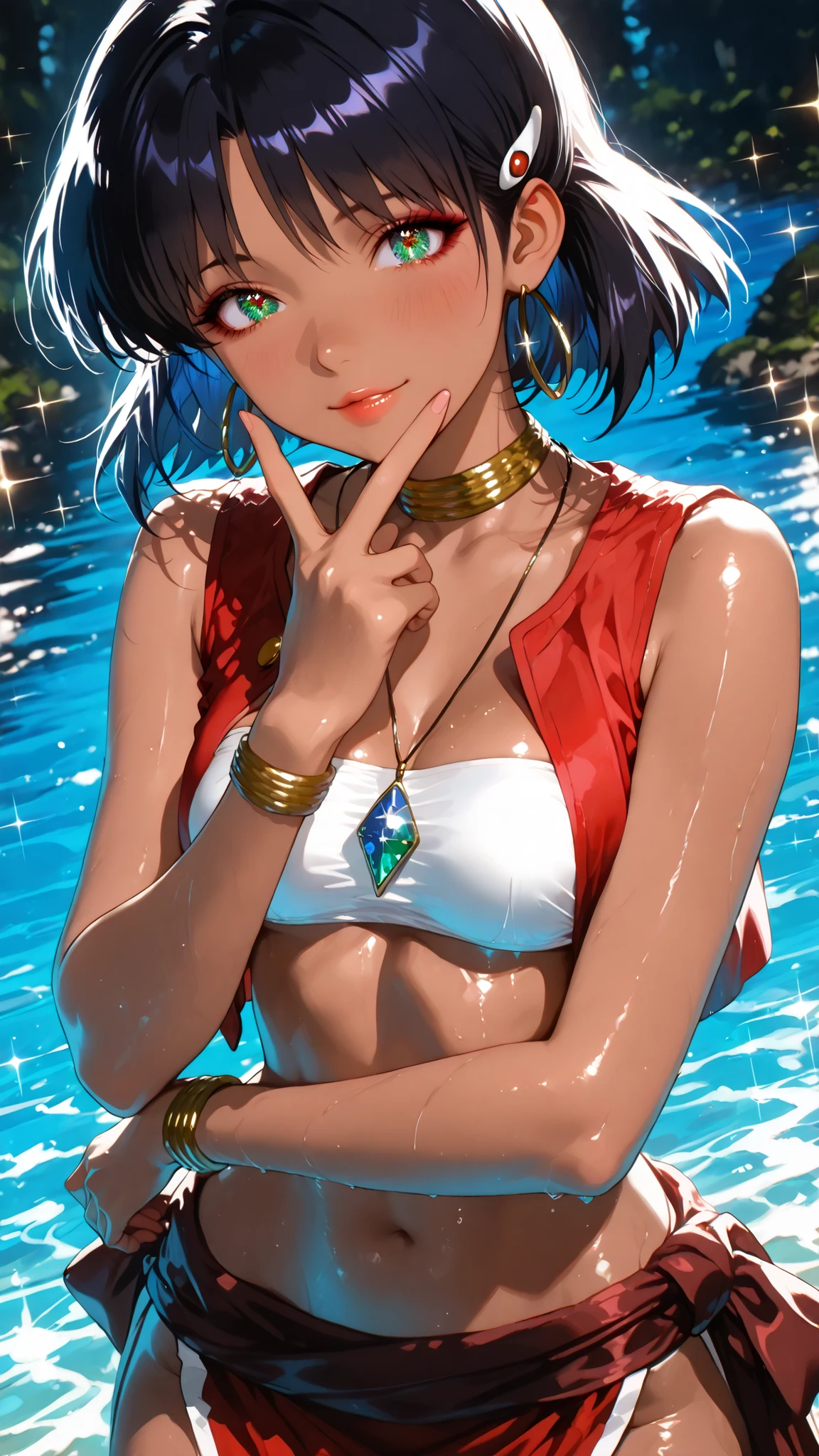  1 beautiful girl,Beautiful colored light, Sparkle in the eyes, glossy lips, slender body, Sensual Body, (V over mouth), Beautiful skin that repels water,Tranquil standing in natural light,Sandy coast, High Quality, Realistic Portraits,realistic texture,Precise Depiction,Deep Focus,Vivid Colors,grace,Elegant Atmosphere, nadia la arwall,purple hair,dark-skinned female,red loincloth,jewelry,bandeau,hairclip,red vest,necklace,