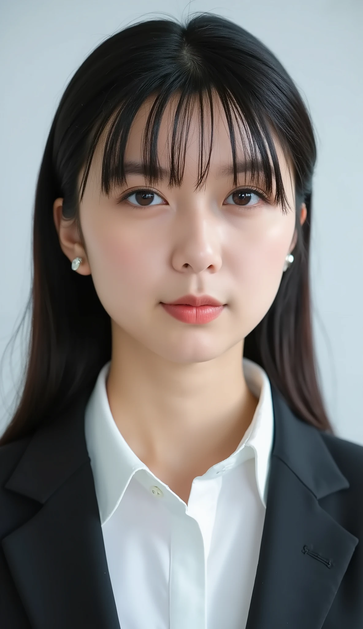Neat Young Woman、looking at the camera、office lady suit、jacket、shirt、耳にピアス、、濃いアイメイク、、無表情、、face close-up、The background is office