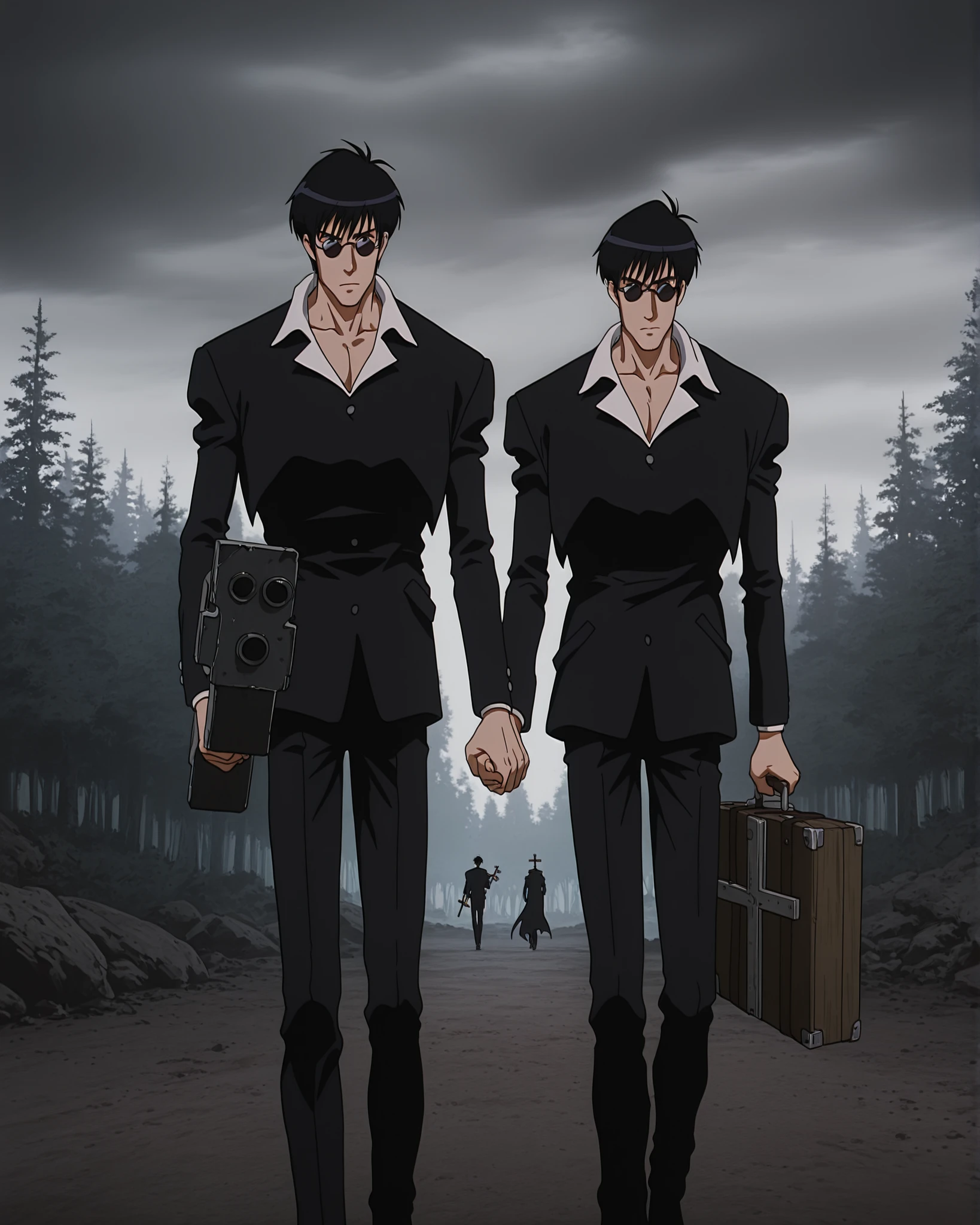 Two people traveling through the wilderness, walk side by side, 1male, Nicholas D. Wolfwood_Trigu, Carrying a large cross on his right hand, T, realistic, cinematic lighting, dramatic atmosphere, lush forest, mossy rocks, overcast skies, moody lighting, 8K, hyper-detailed, vibrant colors, professional photography