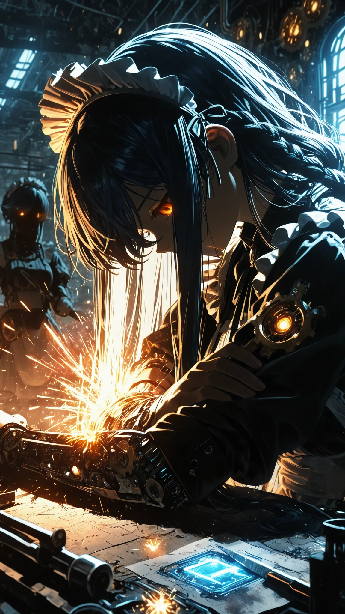 (masterpiece:1.2, Best Quality), C7b3rp0nkStyle, ((very long bangs, hidden face, face hidden by hair)), head tilt, looking up, beautiful face, long sidelocks framing face, long swept bangs, dark blue hair, messy hair, braid, orange eyes, glowing eyes, ((holding tools, sparks)) ((repairing own arm, looking down, placing tool against arm)), futuristic, factory, delicate mechanical features, exposed circuitry, damaged gears scattered, expressionless, intricate steampunk details, maid outfit, frilly headdress, mechanical parts clockwork scattered ground, watercolor and ink, rough texture, sketchy outlines, organic lines, hatching and cross-hatching, paper texture, analog art style with visible brush strokes and line work.