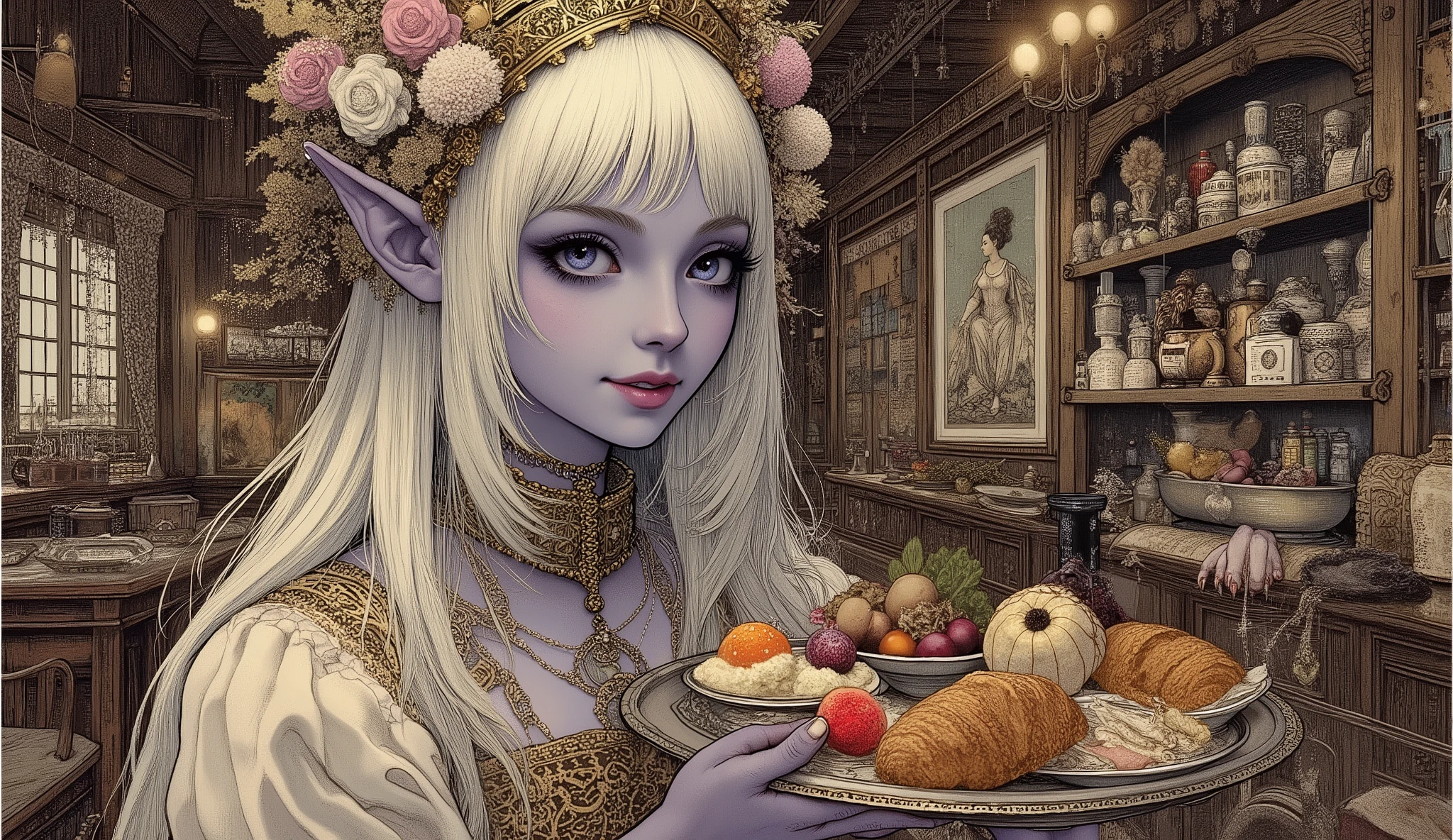 (The fusion of ukiyo-e and dark fantasy. Aesthetic, gothic-style digital art. Detailed facial rendering. Two female elves.) BREAK
(Translucent white hair. Straight-across bangs. White eyebrows. Long white eyelashes. Almond-shaped eyes. Lavender-colored irises. Thick, dark eyeliner. Small pink lips. Slightly pointed ears. Dark purple skin. Slender limbs. Thin fingers. White nails. Draw one thumb and four fingers precisely.) BREAK
(The dimly lit, adult-themed counter of a medieval Spanish mesón. Accurately depict the furnishings: classical curtains, lighting, wall paintings, and tableware. The dark elf proprietress holds a silver tray laden with plates of Spanish regional cuisine, her body slightly twisted in a bold pose with exaggerated gestures. She wears revealing, sheer medieval-style undergarments and gazes at you with a suggestive smile. She wears sandals woven with soft, beige thin cords.)
