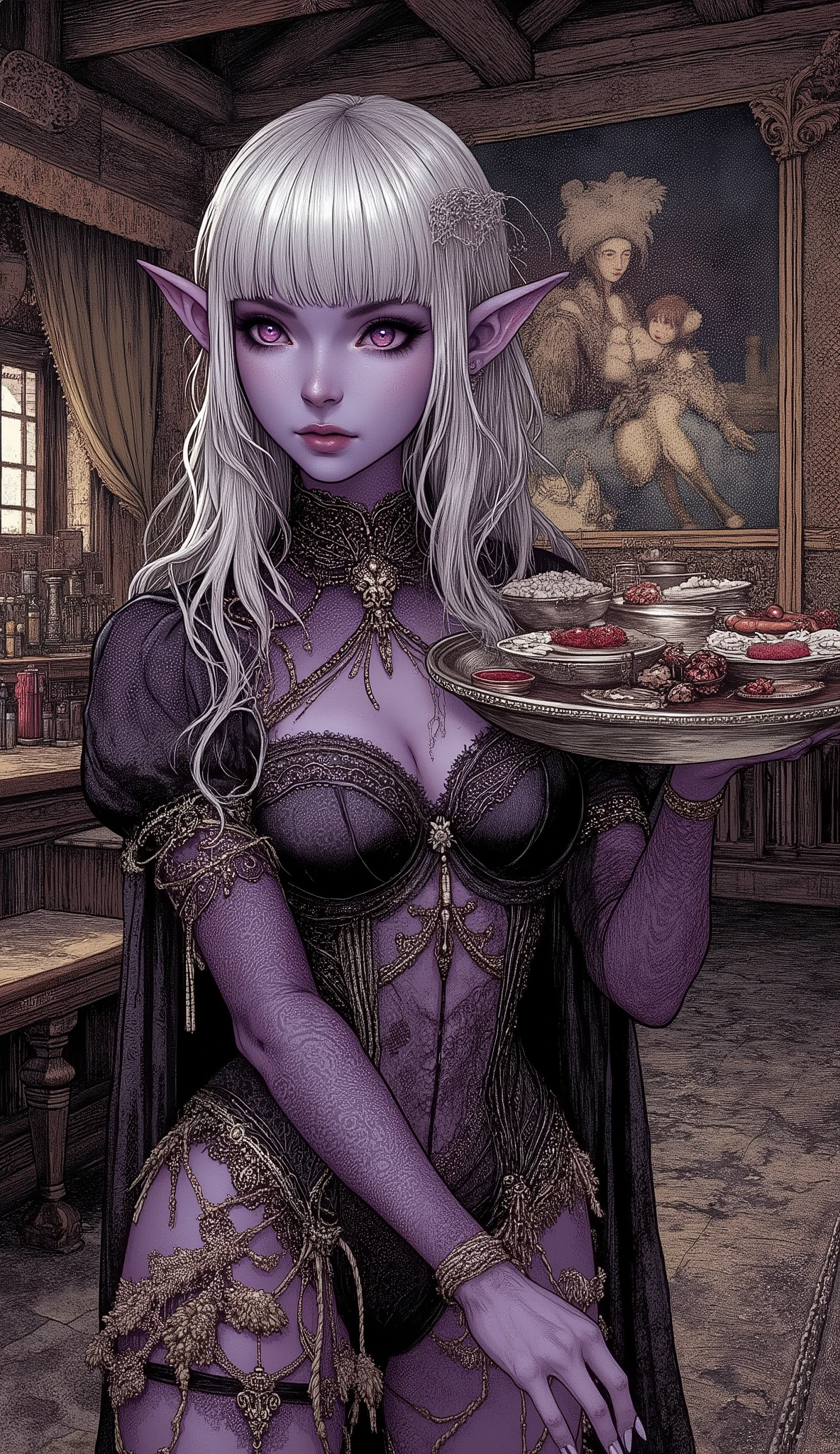 (The fusion of ukiyo-e and dark fantasy. Aesthetic, gothic-style digital art. Detailed facial rendering. Two female elves.) BREAK
(Translucent white hair. Straight-across bangs. White eyebrows. Long white eyelashes. Almond-shaped eyes. Lavender-colored irises. Thick, dark eyeliner. Small pink lips. Slightly pointed ears. Dark purple skin. Slender limbs. Thin fingers. White nails. Draw one thumb and four fingers precisely.) BREAK
(The dimly lit, adult-themed counter of a medieval Spanish mesón. Accurately depict the furnishings: classical curtains, lighting, wall paintings, and tableware. The dark elf proprietress holds a silver tray laden with plates of Spanish regional cuisine, her body slightly twisted in a bold pose with exaggerated gestures. She wears revealing, sheer medieval-style undergarments and gazes at you with a suggestive smile. She wears sandals woven with soft, beige thin cords.)