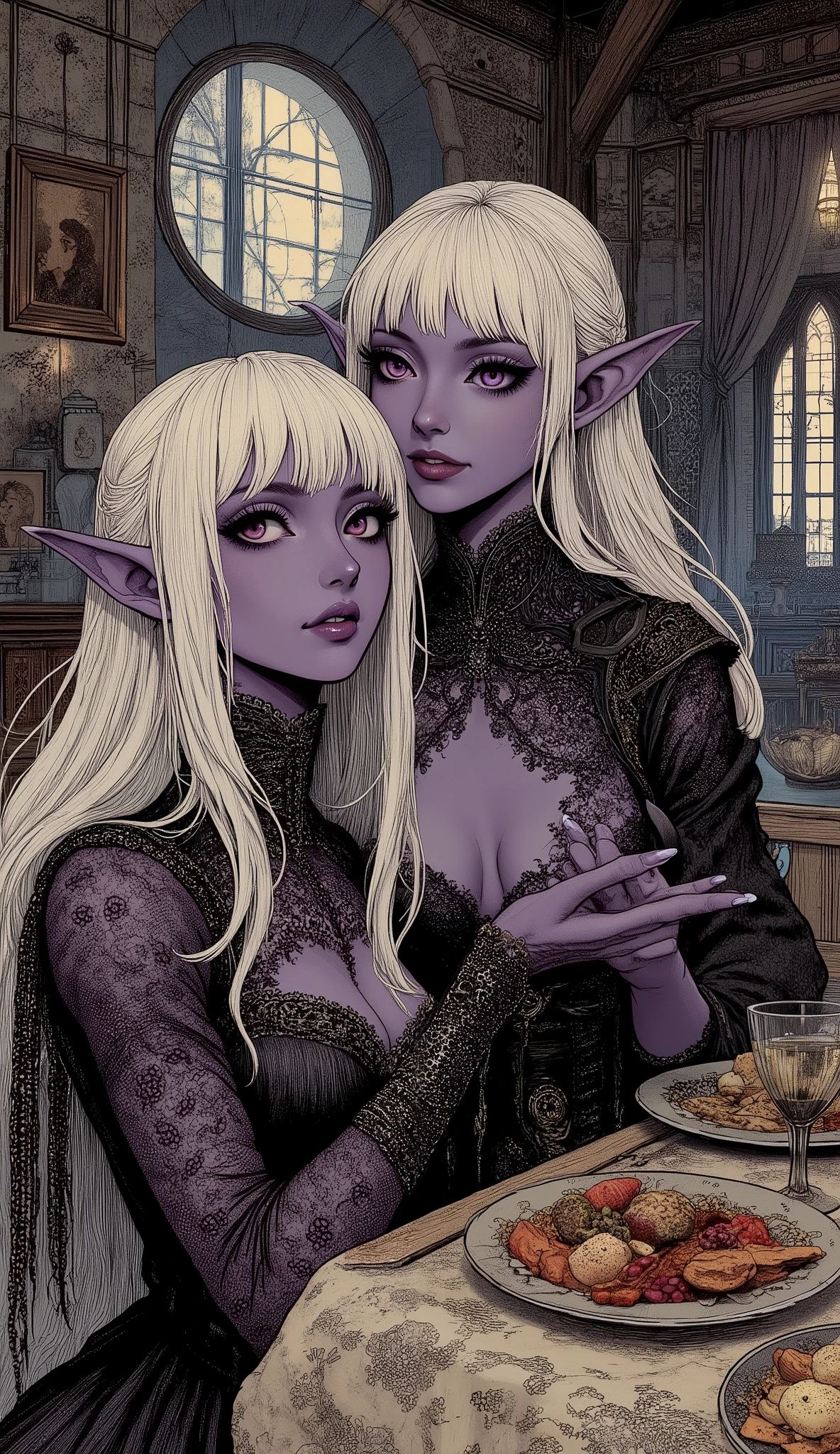 (The fusion of ukiyo-e and dark fantasy. Aesthetic, gothic-style digital art. Detailed facial rendering. Two female elves.) BREAK
(Translucent white hair. Straight-across bangs. White eyebrows. Long white eyelashes. Almond-shaped eyes. Lavender-colored irises. Thick, dark eyeliner. Small pink lips. Slightly pointed ears. Dark purple skin. Slender limbs. Thin fingers. White nails. Draw one thumb and four fingers precisely.) BREAK
(The dimly lit, adult-themed counter of a medieval Spanish mesón. Accurately depict the furnishings: classical curtains, lighting, wall paintings, and tableware. The dark elf proprietress holds a silver tray laden with plates of Spanish regional cuisine, her body slightly twisted in a bold pose with exaggerated gestures. She wears revealing, sheer medieval-style undergarments and gazes at you with a suggestive smile. She wears sandals woven with soft, beige thin cords.)