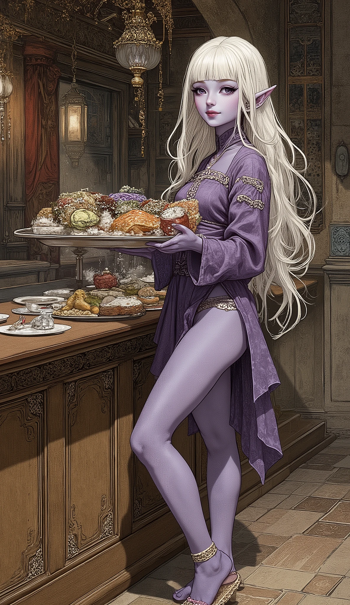 (The fusion of ukiyo-e and dark fantasy. Aesthetic, gothic-style digital art. Detailed facial rendering. Two female elves.) BREAK
(Translucent white hair. Straight-across bangs. White eyebrows. Long white eyelashes. Almond-shaped eyes. Lavender-colored irises. Thick, dark eyeliner. Small pink lips. Slightly pointed ears. Dark purple skin. Slender limbs. Thin fingers. White nails. Draw one thumb and four fingers precisely.) BREAK
(The dimly lit, adult-themed counter of a medieval Spanish mesón. Accurately depict the furnishings: classical curtains, lighting, wall paintings, and tableware. The dark elf proprietress holds a silver tray laden with plates of Spanish regional cuisine, her body slightly twisted in a bold pose with exaggerated gestures. She wears revealing, sheer medieval-style undergarments and gazes at you with a suggestive smile. She wears sandals woven with soft, beige thin cords.)