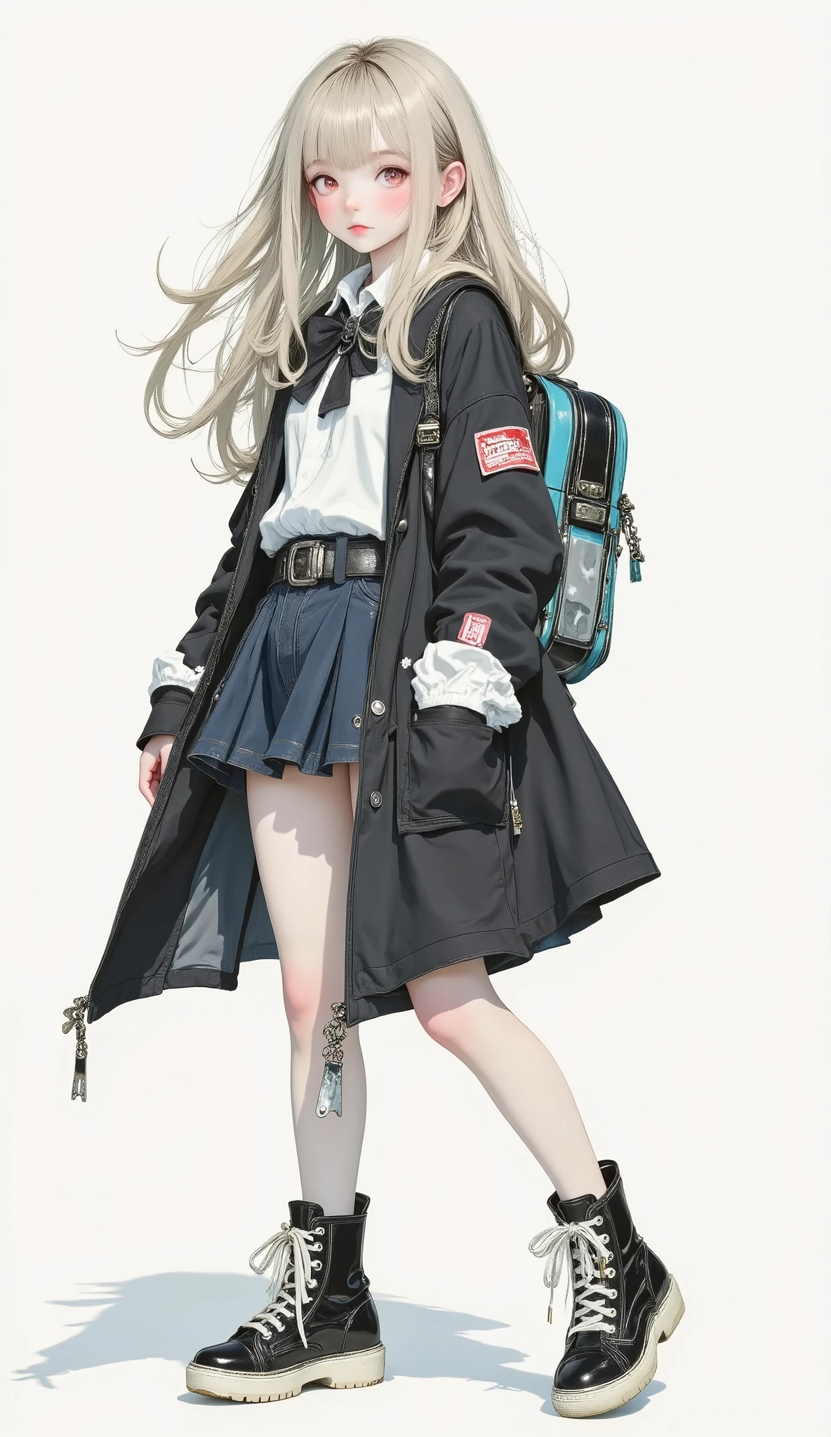 8k , Highest Quality , masterpiece , (Super Detailed) , (Very Detailed Skin) , flat color , artist:Aqua Co ., Co., Ltd. .., artist:Edoya Inuhachi , artist:reoen , artist: Fujichoko , 8k , Highest Quality , masterpiece , (Super Detailed) , (Very Detailed Skin) , flat color , full body , full shot , full of personality , watch viewers , (solo:1 . 2) , simple background , (white background:1 . 2) , (white background:1 . 1) ,, 1girl , Long Blonde Long Hair、Lovely々 apparently 、smiling expression 。 red eyes 。 young girl wearing a black student uniform-style cloak 。 Standing figure with white background、Confident Pose 。 black boots 。 A young girl wearing a black school uniform-style cloak is placing her hands on her hips 。 Elf