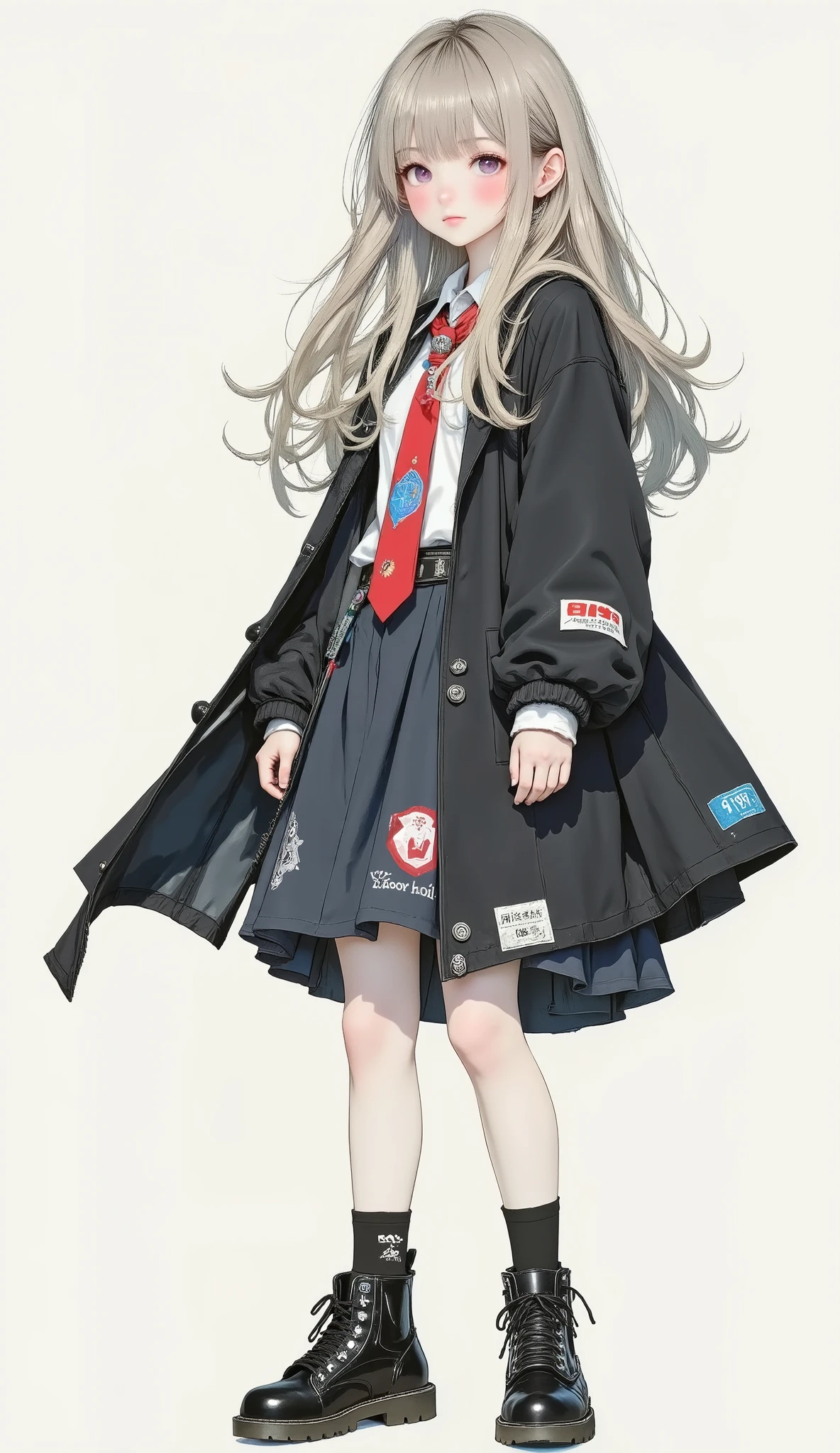 8k , Highest Quality , masterpiece , (Super Detailed) , (Very Detailed Skin) , flat color , artist:Aqua Co ., Co., Ltd. .., artist:Edoya Inuhachi , artist:reoen , artist: Fujichoko , 8k , Highest Quality , masterpiece , (Super Detailed) , (Very Detailed Skin) , flat color , full body , full shot , full of personality , watch viewers , (solo:1 . 2) , simple background , (white background:1 . 2) , (white background:1 . 1) ,, 1girl , Long Blonde Long Hair、Lovely々 apparently 、smiling expression 。 red eyes 。 young girl wearing a black student uniform-style cloak 。 Standing figure with white background、Confident Pose 。 black boots 。 A young girl wearing a black school uniform-style cloak is placing her hands on her hips 。 Elf