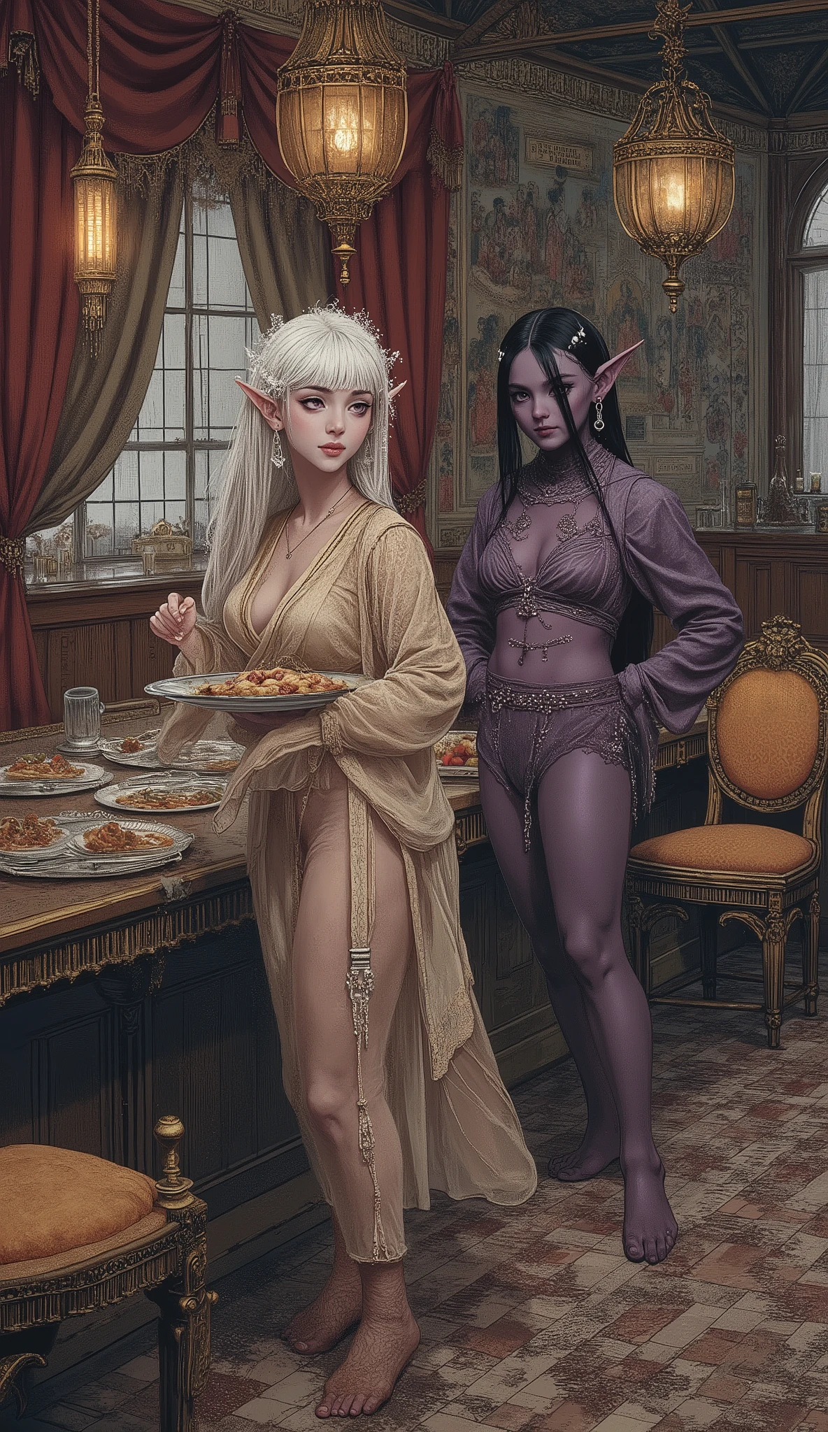 (The fusion of ukiyo-e and dark fantasy. Aesthetic, gothic-style digital art. Detailed facial rendering. Two female elves.) BREAK
(Translucent white hair. Straight-across bangs. White eyebrows. Long white eyelashes. Almond-shaped eyes. Lavender-colored irises. Thick, dark eyeliner. Small pink lips. Slightly pointed ears. Dark purple skin. Slender limbs. Thin fingers. White nails. Draw one thumb and four fingers precisely.) BREAK
(The dimly lit, adult-themed counter of a medieval Spanish mesón. Accurately depict the furnishings: classical curtains, lighting, wall paintings, and tableware. The dark elf proprietress holds a silver tray laden with plates of Spanish regional cuisine, her body slightly twisted in a bold pose with exaggerated gestures. She wears revealing, sheer medieval-style undergarments and gazes at you with a suggestive smile. She wears sandals woven with soft, beige thin cords.)