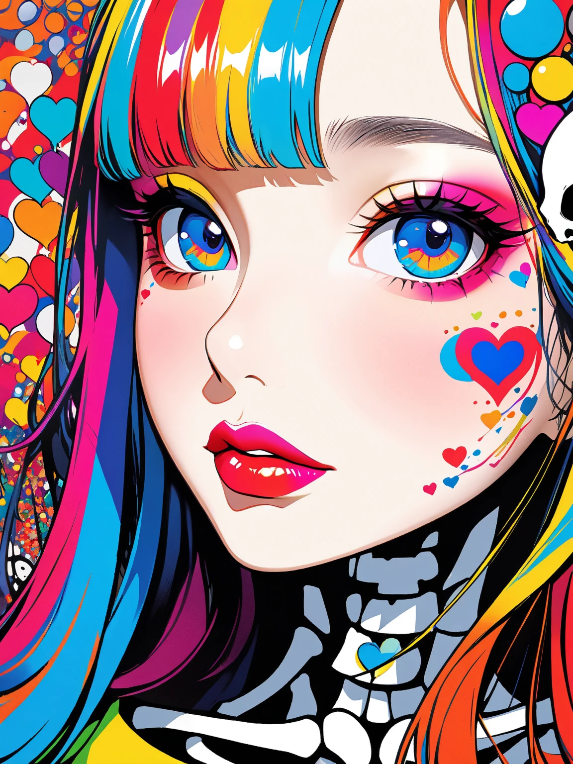 Ultra-realism Keith Haring colorful style, Simple Line Initialism，Abstract art，(((The most beautiful girl of all time))), Sweet face. Lips in love, colorful hearts, stylish design, Summer Skull fashion, Dark Eyes, Graffiti on the wall