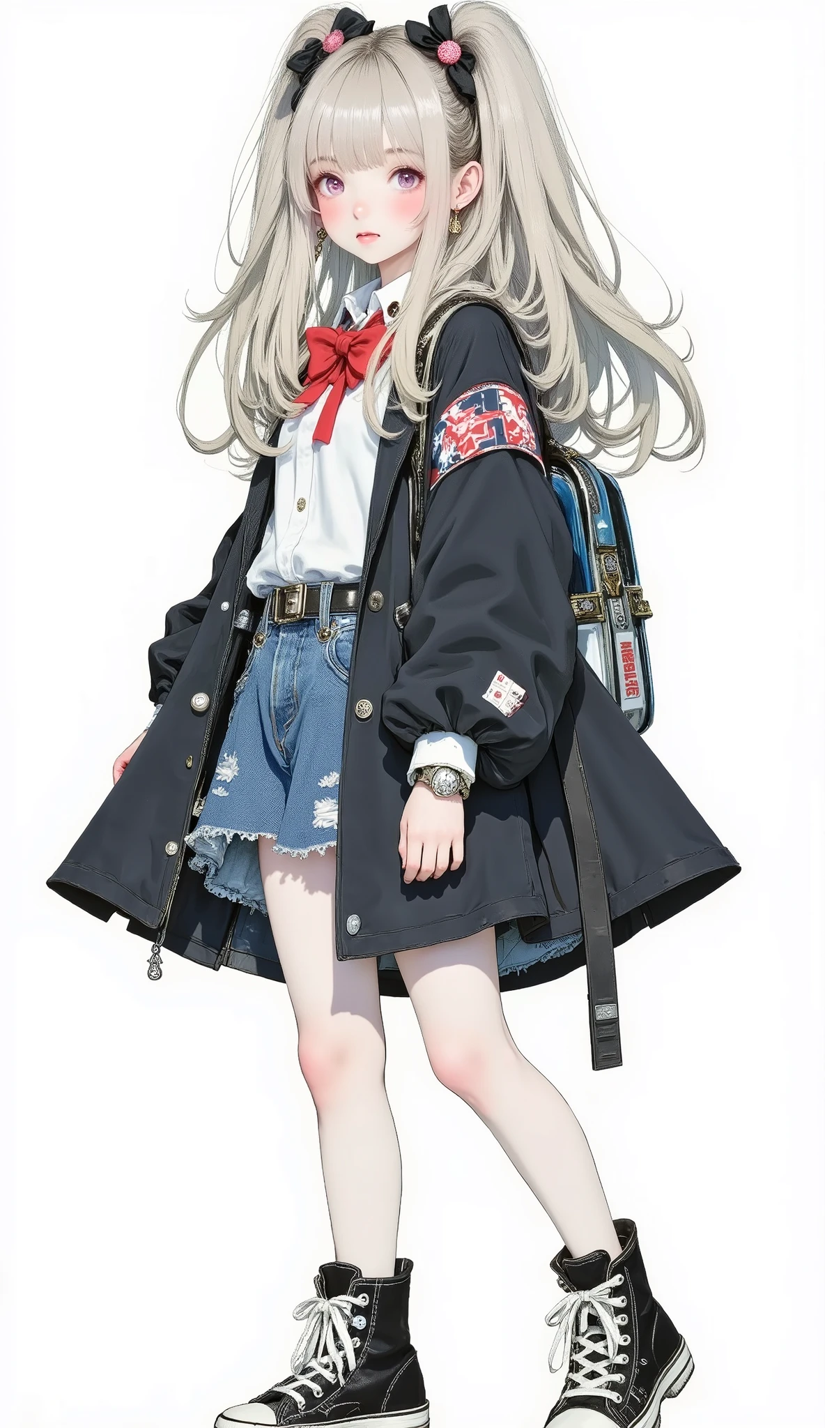 8k , Highest Quality , masterpiece , (Super Detailed) , (Very Detailed Skin) , flat color , artist:Aqua Co ., Co., Ltd. .., artist:Edoya Inuhachi , artist:reoen , artist: Fujichoko , 8k , Highest Quality , masterpiece , (Super Detailed) , (Very Detailed Skin) , flat color , full body , full shot , full of personality , watch viewers , (solo:1 . 2) , simple background , (white background:1 . 2) , (white background:1 . 1) ,, 1girl , Long Blonde Long Hair、Lovely々 apparently 、smiling expression 。 red eyes 。 young girl wearing a black student uniform-style cloak 。 Standing figure with white background、Confident Pose 。 black boots 。 A young girl wearing a black school uniform-style cloak is placing her hands on her hips 。 Elf