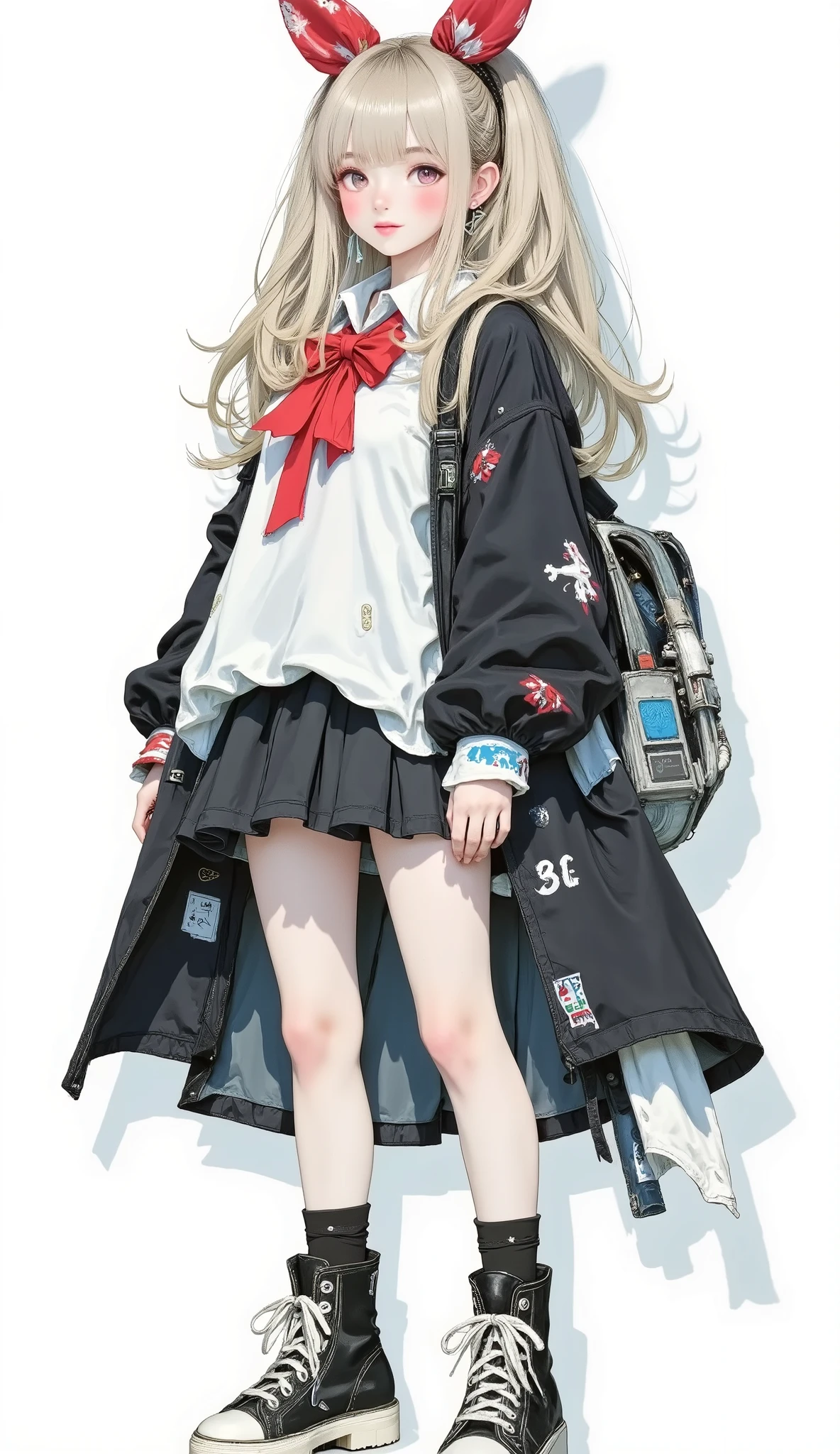 8k , Highest Quality , masterpiece , (Super Detailed) , (Very Detailed Skin) , flat color , artist:Aqua Co ., Co., Ltd. .., artist:Edoya Inuhachi , artist:reoen , artist: Fujichoko , 8k , Highest Quality , masterpiece , (Super Detailed) , (Very Detailed Skin) , flat color , full body , full shot , full of personality , watch viewers , (solo:1 . 2) , simple background , (white background:1 . 2) , (white background:1 . 1) ,, 1girl , Long Blonde Long Hair、Lovely々 apparently 、smiling expression 。 red eyes 。 young girl wearing a black student uniform-style cloak 。 Standing figure with white background、Confident Pose 。 black boots 。 A young girl wearing a black school uniform-style cloak is placing her hands on her hips 。 Elf