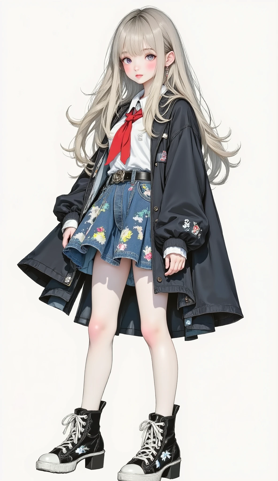 8k , Highest Quality , masterpiece , (Super Detailed) , (Very Detailed Skin) , flat color , artist:Aqua Co ., Co., Ltd. .., artist:Edoya Inuhachi , artist:reoen , artist: Fujichoko , 8k , Highest Quality , masterpiece , (Super Detailed) , (Very Detailed Skin) , flat color , full body , full shot , full of personality , watch viewers , (solo:1 . 2) , simple background , (white background:1 . 2) , (white background:1 . 1) ,, 1girl , Long Blonde Long Hair、Lovely々 apparently 、smiling expression 。 red eyes 。 young girl wearing a black student uniform-style cloak 。 Standing figure with white background、Confident Pose 。 black boots 。 A young girl wearing a black school uniform-style cloak is placing her hands on her hips 。 Elf