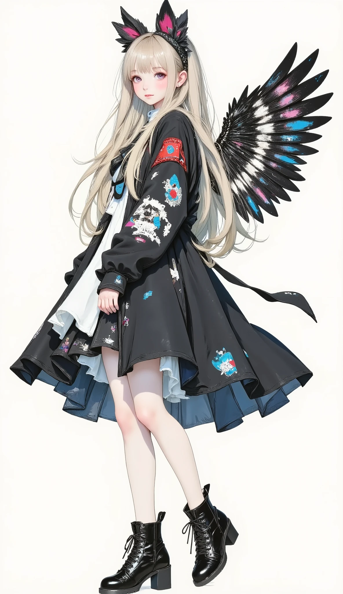 8k , Highest Quality , masterpiece , (Super Detailed) , (Very Detailed Skin) , flat color , artist:Aqua Co ., Co., Ltd. .., artist:Edoya Inuhachi , artist:reoen , artist: Fujichoko , 8k , Highest Quality , masterpiece , (Super Detailed) , (Very Detailed Skin) , flat color , full body , full shot , full of personality , watch viewers , (solo:1 . 2) , simple background , (white background:1 . 2) , (white background:1 . 1) ,, 1girl , Long Blonde Long Hair、Lovely々 apparently 、smiling expression 。 red eyes 。 young girl wearing a black student uniform-style cloak 。 Standing figure with white background、Confident Pose 。 black boots 。 A young girl wearing a black school uniform-style cloak is placing her hands on her hips 。 Elf