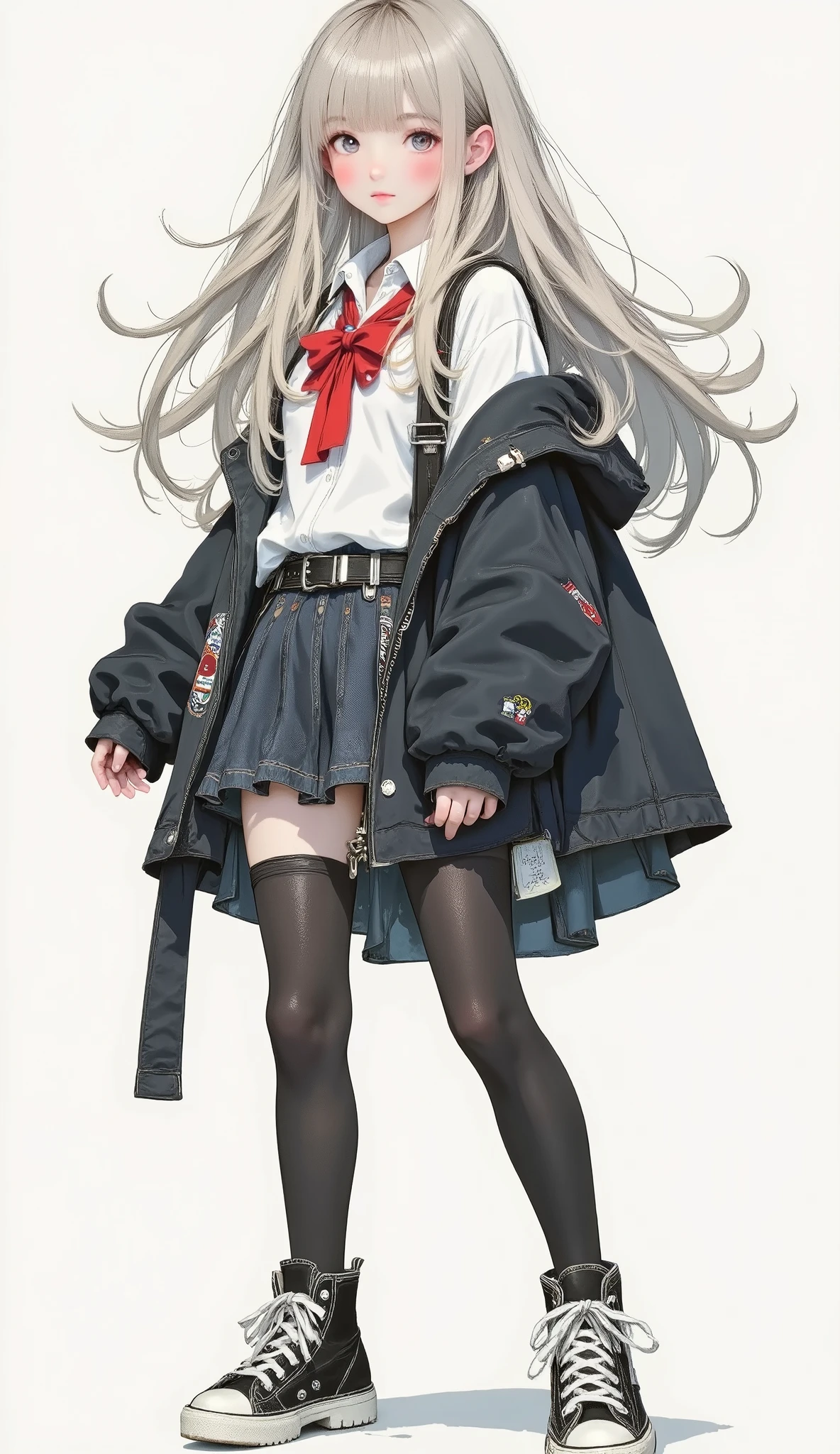 8k , Highest Quality , masterpiece , (Super Detailed) , (has) , flat color , artist:Aqua common ., common., Co., Ltd.. .., artist:Edoya Inuhachi , artist:reoen , artist: Fujichoko , 8k , Highest Quality , masterpiece , (Super Detailed) , (has) , flat color , full body , full shot , unique , watch viewers , (solo:1 . 2) , simple background , (white background:1 . 2) , (white background:1 . 1) ,, 1girl , Long Blonde Long Hair、Lovely々 apparently 、smiling expression 。 red eyes 。 Young Girl Wearing a Black School Uniform-style Cloak 。 Standing figure with white background、commonnfident Pose 。 black boots 。 Young Girl Wearing a Black Uniform-style Cloak Pose {x} A Young Girl in a Black Uniform-style Cloak is placing her hands on her hips 。 Elf