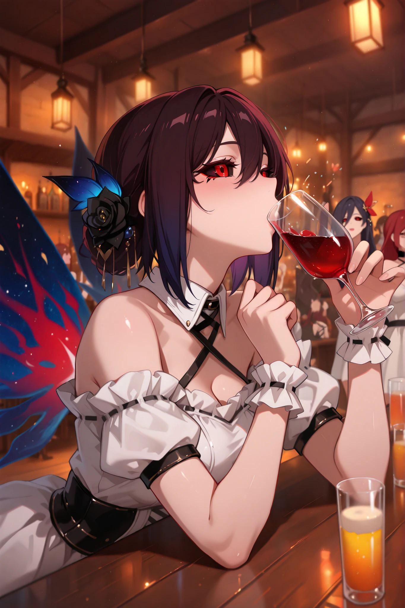 blue wings, wings, off-shoulder dress, white dress, bare shoulders, short sleeves, wrist cuffs, hair ornament, criss-cross halter,vanya,wings,kakugan, red eyes, black sclera,gradient kagune,two kagune,ukaku, Party, party in a tavern, drinking, joy