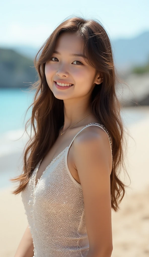 Tabletop、(Highest quality、4K、8K、High resolution、Masterpiece: 1.2)、Super detailed、(Real、Photorealistic、Photorealistic: 1.37)、Full Body Shot、Complex and beautiful eyes、woman、long hair、Natural color lip、whiteTshirt、Bold and pose、smile、Ocean、20 year old girl、A cute and shot looking straight at the camera。