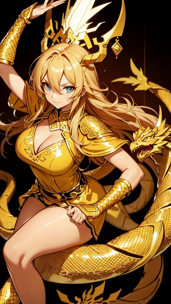 Blonde woman with long hair，goddess,cleavage，golden dragon horn,Golden Dragon Scale,Dragon Tail,Thong,，Alpine rocks