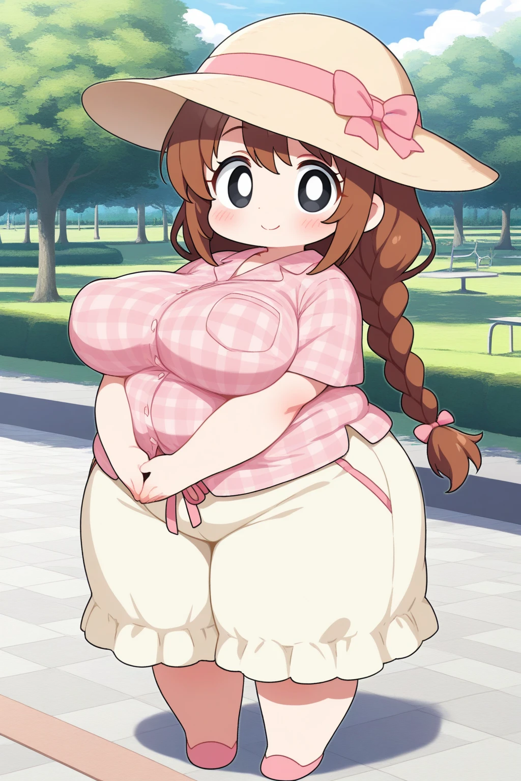 Ayunda risu - hololive, 1girl, (((bimbo))), short brown hair, pink beret, green eyes, (((bimbo))), squirrel ears, squirell tail, thin lips, painted lips,  smile face, pregnant belly, big belly, wide , thick thighs, huge round , enormous natural , shiny oily , pink knit jacket, white skirt, full body, garden, 