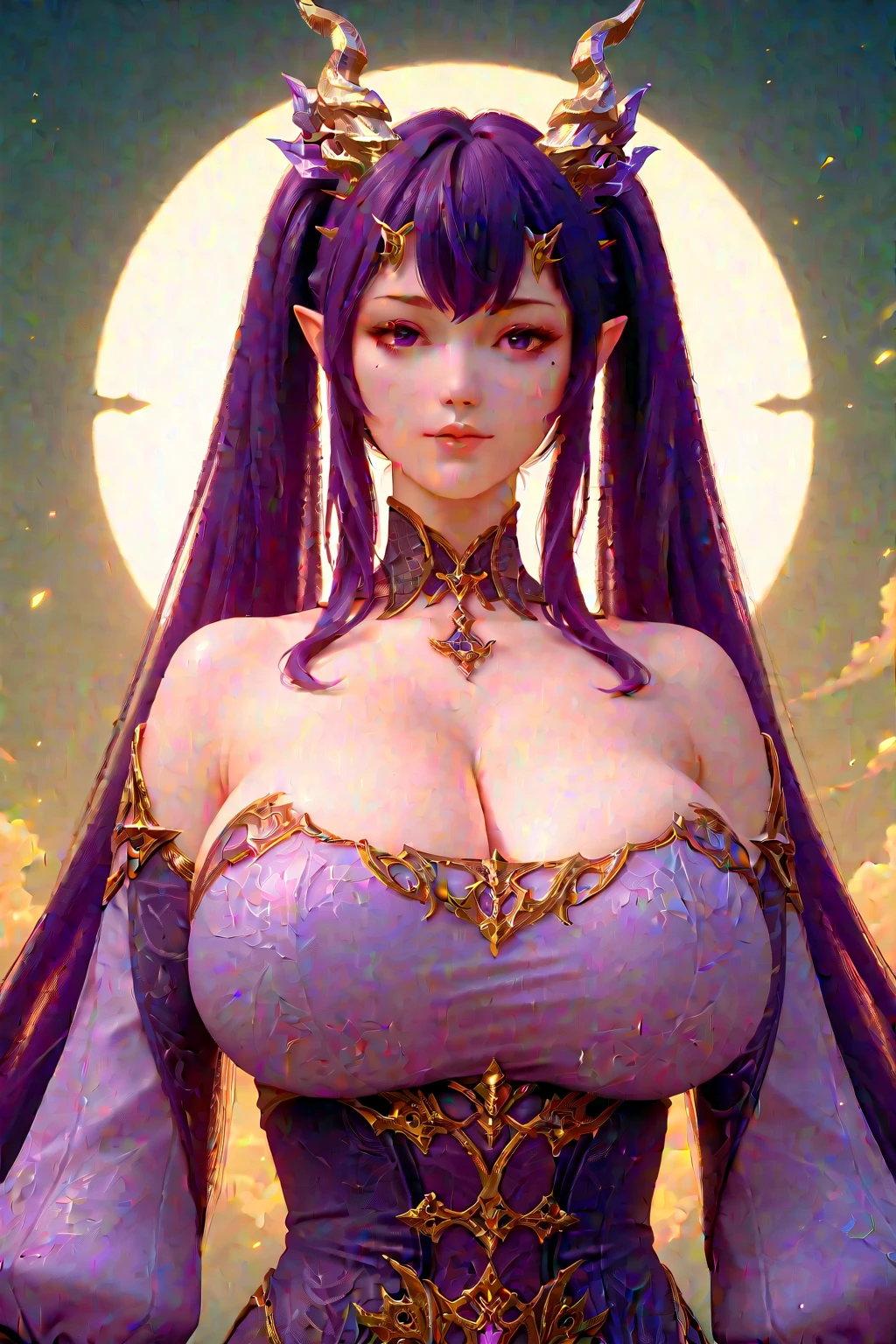((ultra realistic photo, 8k uhd, professional photo, full of details in clothes and face, eyes full of life, pink eye color, masterpiece, girl goddess of beauty)). Shogun Raider from Genshin Impact is a ???? woman with long flowing purple hair, pink energy glow at the ends of her hair, she wears highly detailed ?????????????, transparent panties, detailed kimono, she wears a jewel on the side of her head adorned with details gold and a jewel in the center. - She wears a purple and pink outfit with gold details, with ornate designs in gold. The upper part of the armor is tight to the body, highlighting her curves, her marked natural ???????, (she has long ???????, huge and perfect ??????? emerging from her ???? and ?????? cleavage, pointed ???????), ((transparent micro panties showing her ?????, perfect ?????, pubic hair, tight panties)), defined body, body with curves, big pert ???, ????? on display, Her arms are covered by armored gloves with similar designs in gold and attached to the arm by straps. - A piece of cloth flows from his waist, complementing the look of the armor. - ((Her face is very pretty, she has light pink eyes and a serious expression)). - In the background, there is a dramatic sky full of dark clouds and purple lightning lighting the scene. The full moon is visible between the clouds. poses, doing poses, sitting with ?????????, squatting showing ?????, ????????????, heroic and flashy possessions.