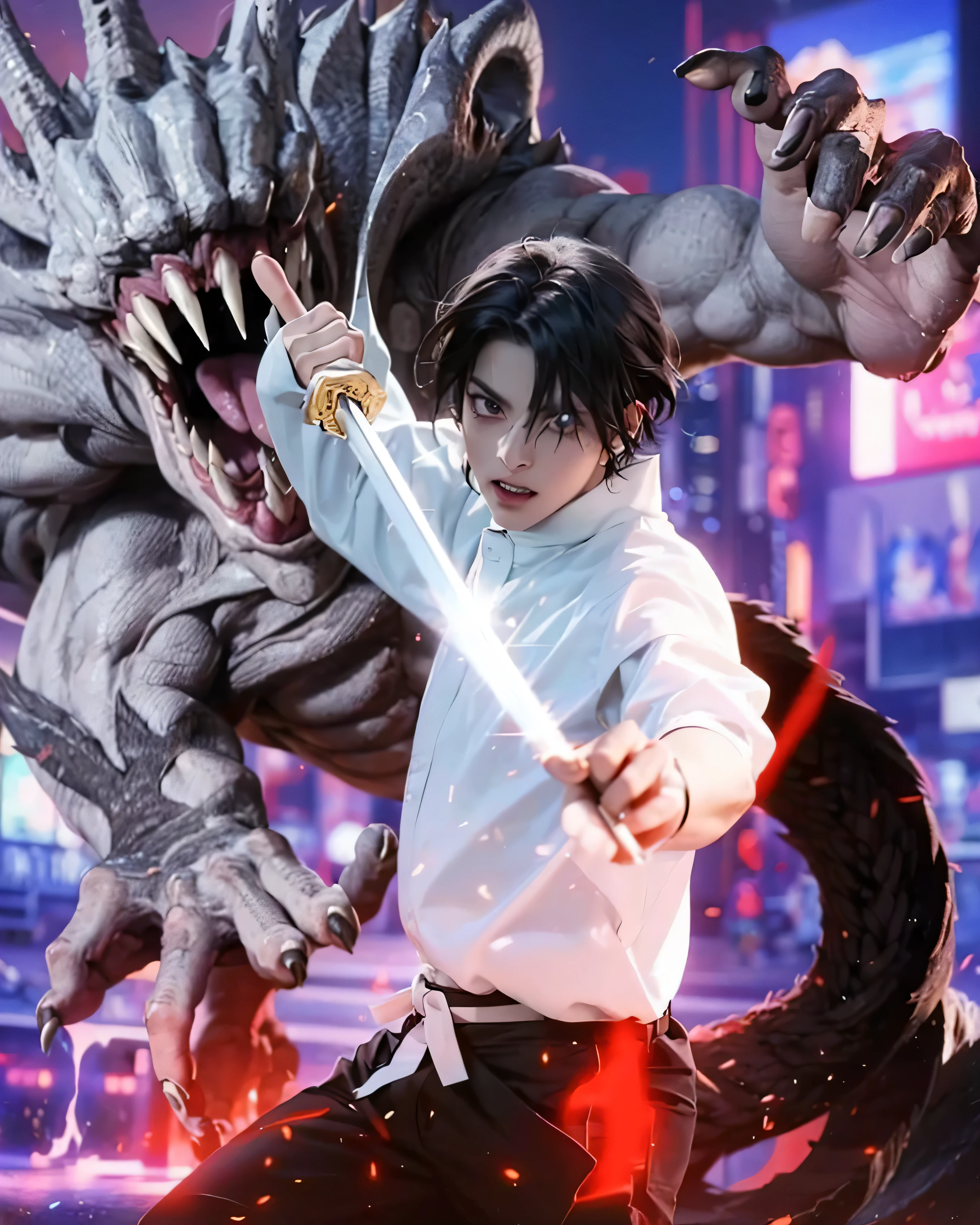 ((YUTA_JUJUTSU KAISEN 0)) ((photorealistic)),(highlight hair)), Light reflection, (( HD )),((upper body)), (((best quality, masterpiece))), (masterpiece) (best quality) (detail) (8k) (HDR) (wallpaper) (cinematic lighting) (sharp focuasterpiece, best quality: 1.1), Real life adaption of this character, realistic outfit, realistic shadow, realistic light, realism, hyper realistic, realistic background,realistic hair,(photorealistic:1.2), (masterpiece: 1.2), (best quality: 1.3), (clear details: 1.3), ((((ultra-detailed)))), ((detailed eyes)), (extremely detailed face:1.4), (highly detailed eyelash:1.6), (Masterpiece, Best quality, best shadow), (detailed background),(masterpiece, best quality:1.2)(Young Asian male:1.2), (age:1.1), (detailed face:1.3), (black short hair), wearing a white and black traditional Japanese-style uniform, holding a katana sword, (facial expression: serious), ready to strike, standing in the center of the frame, facing the viewer, with a giant monster with sharp teeth and claws looming behind, (dynamic pose:1.2), (fighting pose:1.3), the background features a blurred futuristic cityscape, glowing red and purple light effects, (detailed monster design:1.3), a bright light from the sword, digital art, high detailed, dramatic lighting, cinematic, (action scene:1.2), artstation quality, 8k resolution, shot with a low angle.Behind him and to the left, a large, monstrous entity with sharp teeth and clawed hands looms, creating a sense of action and conflict. The background suggests a city with bright, neon-like lights, partially obscured, hinting at a nighttime urban environment. The overall atmosphere is dramatic, with a dynamic composition that implies movement. The image is enhanced by special effects: light streaks from the katana and red-colored energy at the bottom of the image. The perspective is slightly from a low angle, adding to the hero's imposing presence.