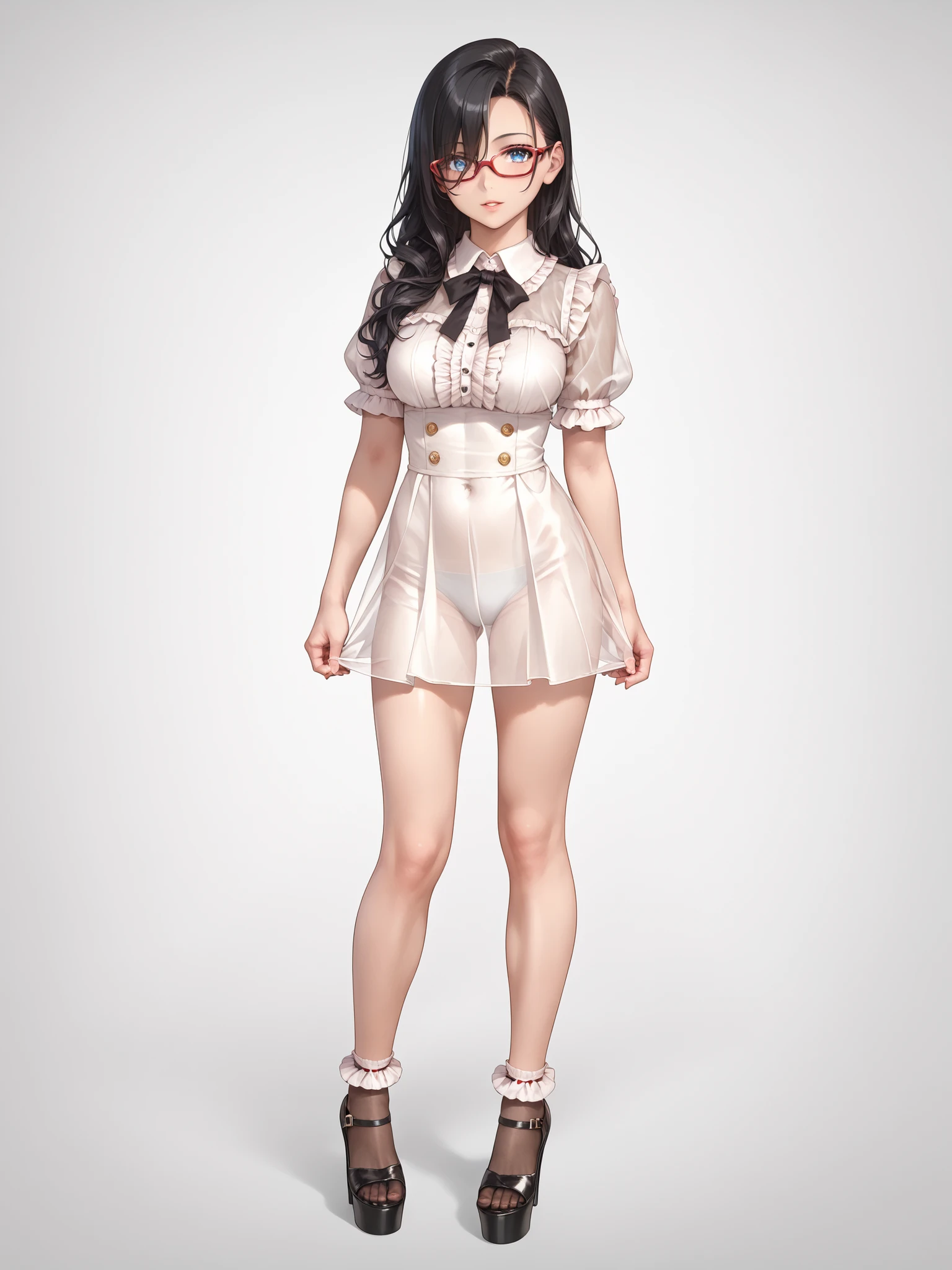 ((inspired by )),((inspired by Animation Style:1.5)),(masterpiece, best quality),beautiful, beautiful-woman, ((detailed face)).(full body:1.3).,
((black hair)), glasses, blue eyes, long hair, over-rim eye-wear,semi-rimless eye-wear, between eyes .(red-framed glasses:1.2),
,
1-woman.
((The woman is wearing jirai-kei fashion)),pink frilled shirt with short puff sleeves, black neck ribbon,and high waist skirt with black frilled see-through knee-highs-socks ,(platform footwear). ,jirai kei,twin-tail, ((frilled see-through socks:1.2)),