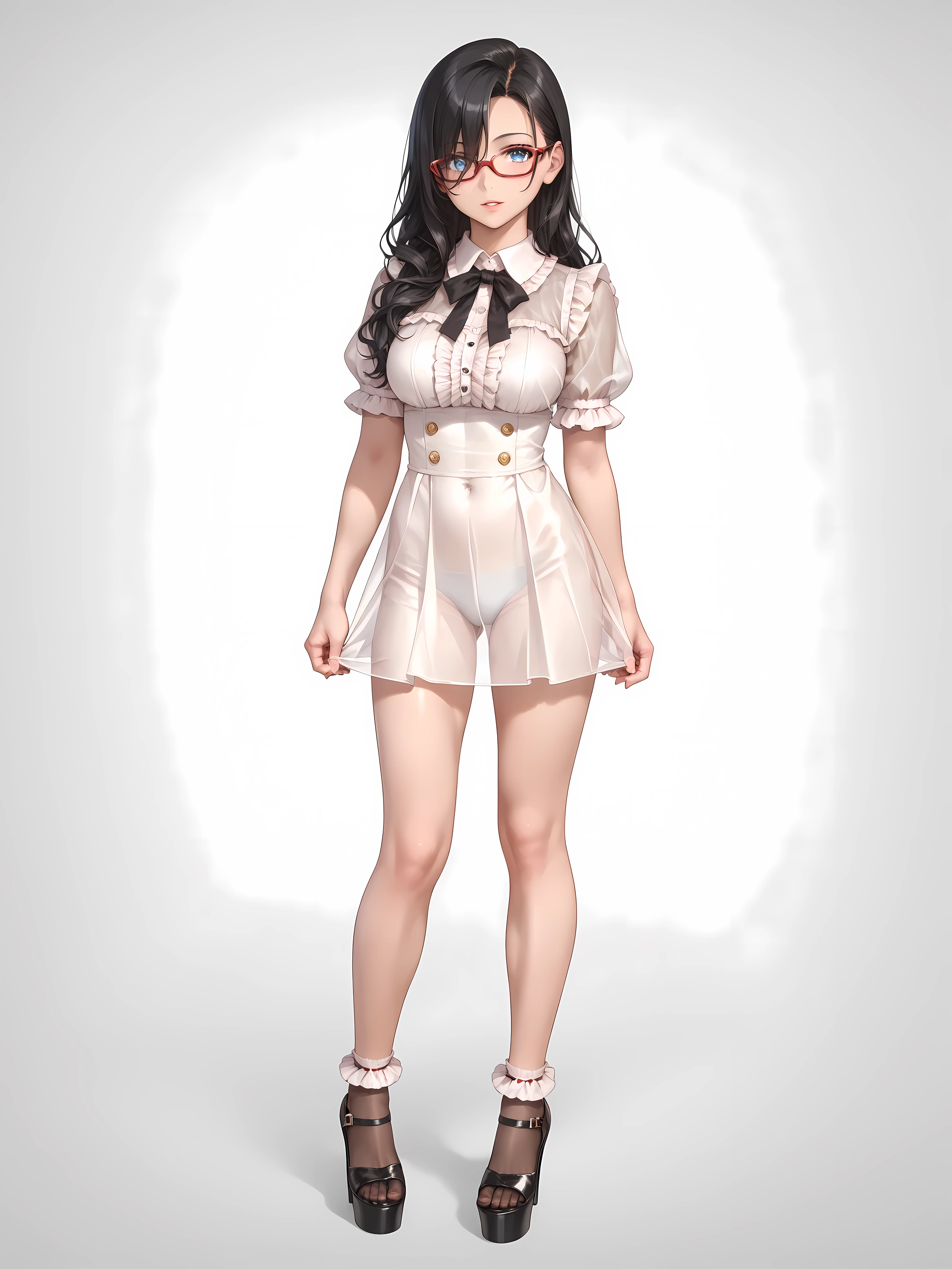 ((inspired by )),((inspired by Animation Style:1.5)),(masterpiece, best quality),beautiful, beautiful-woman, ((detailed face)).(full body:1.3)., 
((black hair)), glasses, blue eyes, long hair, over-rim eye-wear,semi-rimless eye-wear, between eyes .(red-framed glasses:1.2), 
,
1-woman.
((The woman is wearing  jirai-kei fashion)),pink frilled shirt with short puff sleeves, black neck ribbon,and high waist skirt with black frilled see-through knee-highs-socks ,(platform footwear). ,jirai kei,twin-tail, ((frilled see-through socks:1.2)),


