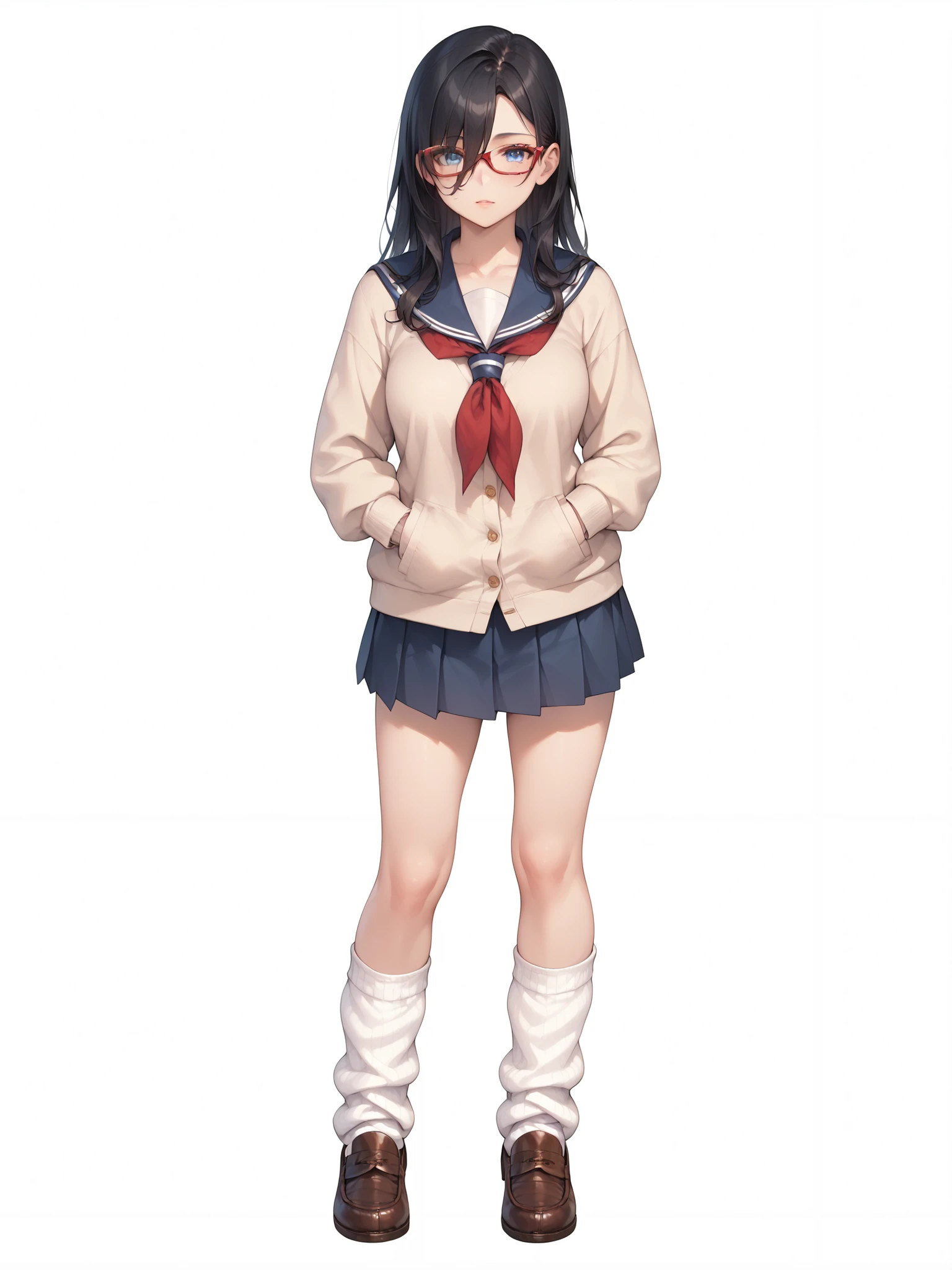 ((inspired by )),((inspired by Animation Style:1.5)),(masterpiece, best quality),beautiful, beautiful-woman, ((detailed face)).(full body:1.3).,
((black hair)), glasses, blue eyes, long hair, over-rim eye-wear,semi-rimless eye-wear, between eyes .(red-framed glasses:1.2),
,
1-woman.
The woman is wearing school uniform and loose socks with loafers,(loose socks:1.5), she is wearing sailor-school-uniform with cardigan and skirt, sailor collar ,neckerchief,