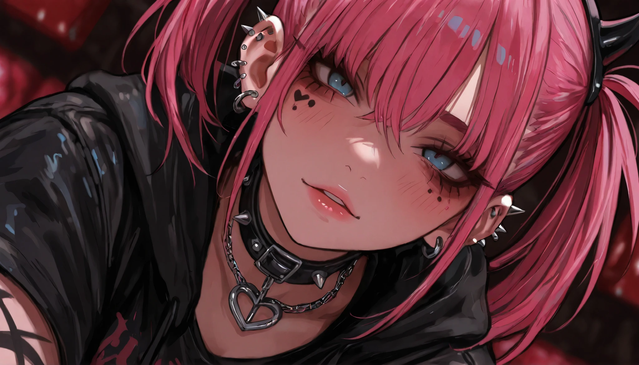 Cool women、sexy、Center of chest、Rize from Chainsaw Man、beauty、Yandere、、Face close-up、Kiss with your eyes closed、Chest tattoo、Holding a Samurai Sword、Christian Dior Necklace、ponytail、Pink hair、