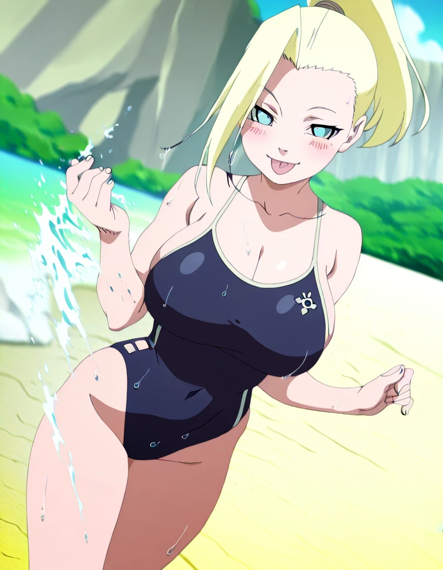 傑作、best quality、best resolution、best image quality、amazing quality、 very aesthetic、 absurdres、anime coloring、anime screencap、anime screenshot、1girl、<lora:P-IL-GeninIno:1>、ino、solo、13 years old、blonde hair、blue eyes、high ponytail hair、big breasts、cleavage、large breasts、large boobs、<lora:competition-school-swimsuit-ponyxl-lora-nochekaiser:1>、competition school swimsuit、school swimsuit、trace swimsuit、navy blue one-piece swimsuit、one-piece swimsuit、swimsuit、wet swimsuit、single vertical stripe、high leg cut、deltoids、biceps、triceps、brachioradialis、bare shoulders、bare arms、bare crotch、bare thighs、bare legs、collarbone、trapezius、covered navel、Ocean、Beach、sea、splashing、 seductive smile、smug、open mouth、blush、looking at viewer、cowboy shot、female focus、dutch angle、