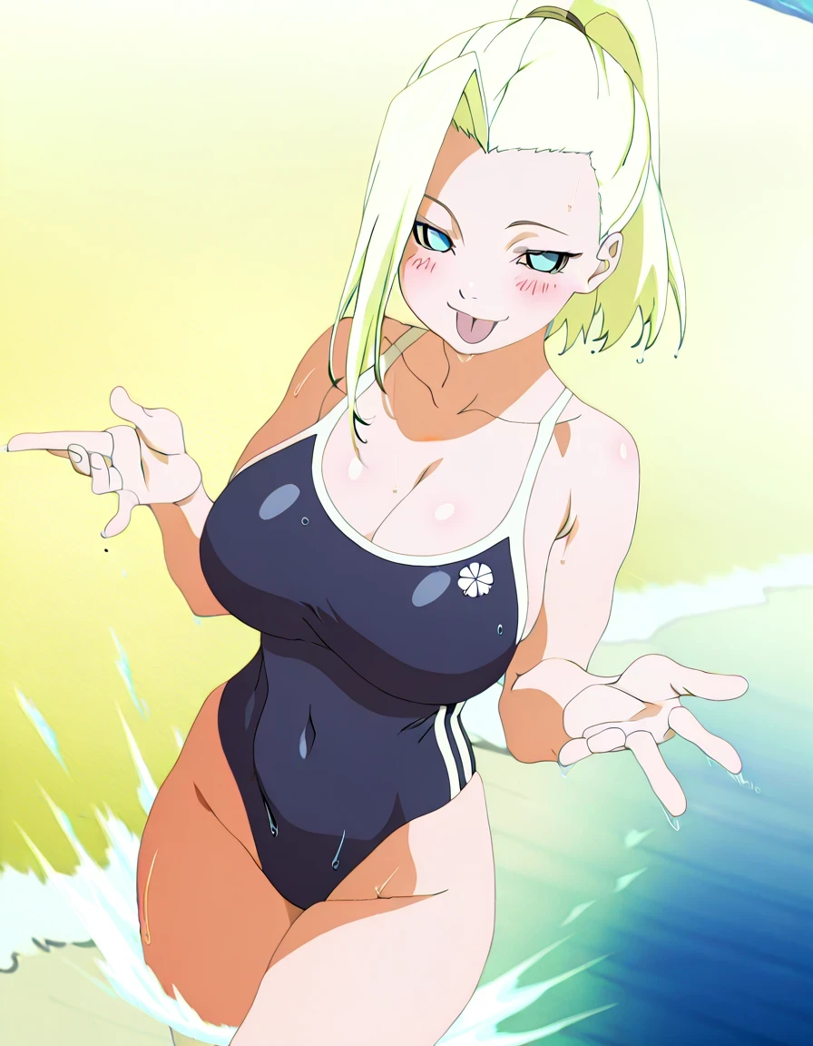 傑作、best quality、best resolution、best image quality、amazing quality、 very aesthetic、 absurdres、anime coloring、anime screencap、anime screenshot、1girl、<lora:P-IL-GeninIno:1>、ino、solo、13 years old、blonde hair、blue eyes、high ponytail hair、big breasts、cleavage、large breasts、large boobs、<lora:competition-school-swimsuit-ponyxl-lora-nochekaiser:1>、competition school swimsuit、school swimsuit、trace swimsuit、navy blue one-piece swimsuit、one-piece swimsuit、swimsuit、wet swimsuit、single vertical stripe、high leg cut、deltoids、biceps、triceps、brachioradialis、bare shoulders、bare arms、bare crotch、bare thighs、bare legs、collarbone、trapezius、covered navel、Ocean、Beach、sea、splashing、 seductive smile、smug、open mouth、blush、looking at viewer、cowboy shot、female focus、dutch angle、