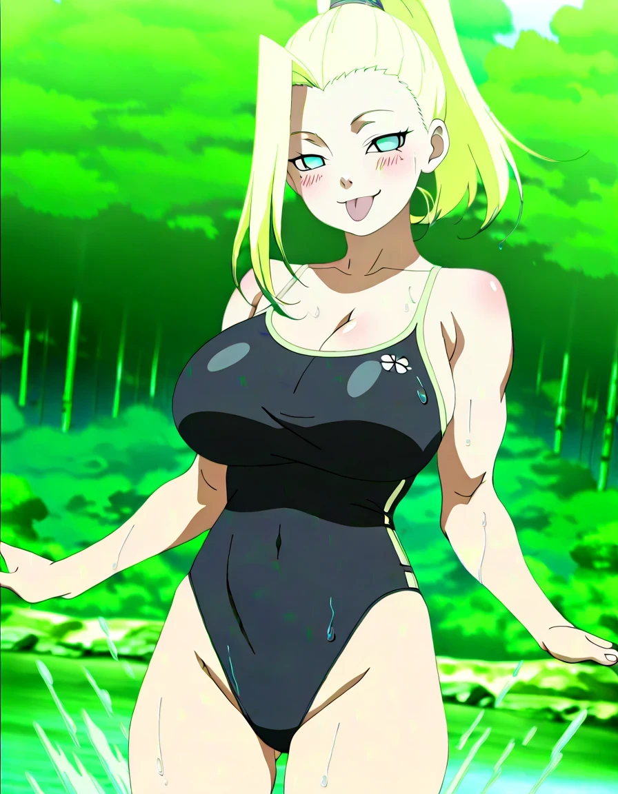 傑作、best quality、best resolution、best image quality、amazing quality、 very aesthetic、 absurdres、anime coloring、anime screencap、anime screenshot、1girl、<lora:P-IL-GeninIno:1>、ino、solo、13 years old、blonde hair、blue eyes、high ponytail hair、big breasts、cleavage、large breasts、large boobs、<lora:competition-school-swimsuit-ponyxl-lora-nochekaiser:1>、competition school swimsuit、school swimsuit、trace swimsuit、navy blue one-piece swimsuit、one-piece swimsuit、swimsuit、wet swimsuit、single vertical stripe、high leg cut、deltoids、biceps、triceps、brachioradialis、bare shoulders、bare arms、bare crotch、bare thighs、bare legs、collarbone、trapezius、covered navel、lake、lakeside、forest、splashing、 seductive smile、smug、open mouth、blush、looking at viewer、cowboy shot、female focus、dutch angle、