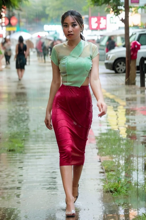 Beautyfull white British girl ever wearing sari,white hair, inside beach,wet body, wet hair, wet clothes, raining outside, standing on rain,empty streets, big , cleavage,[walking on street]