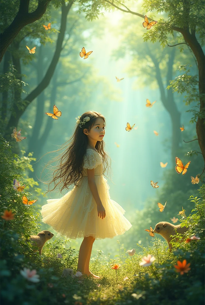 Images of a girl in a forest with butterflies and then with animals ...