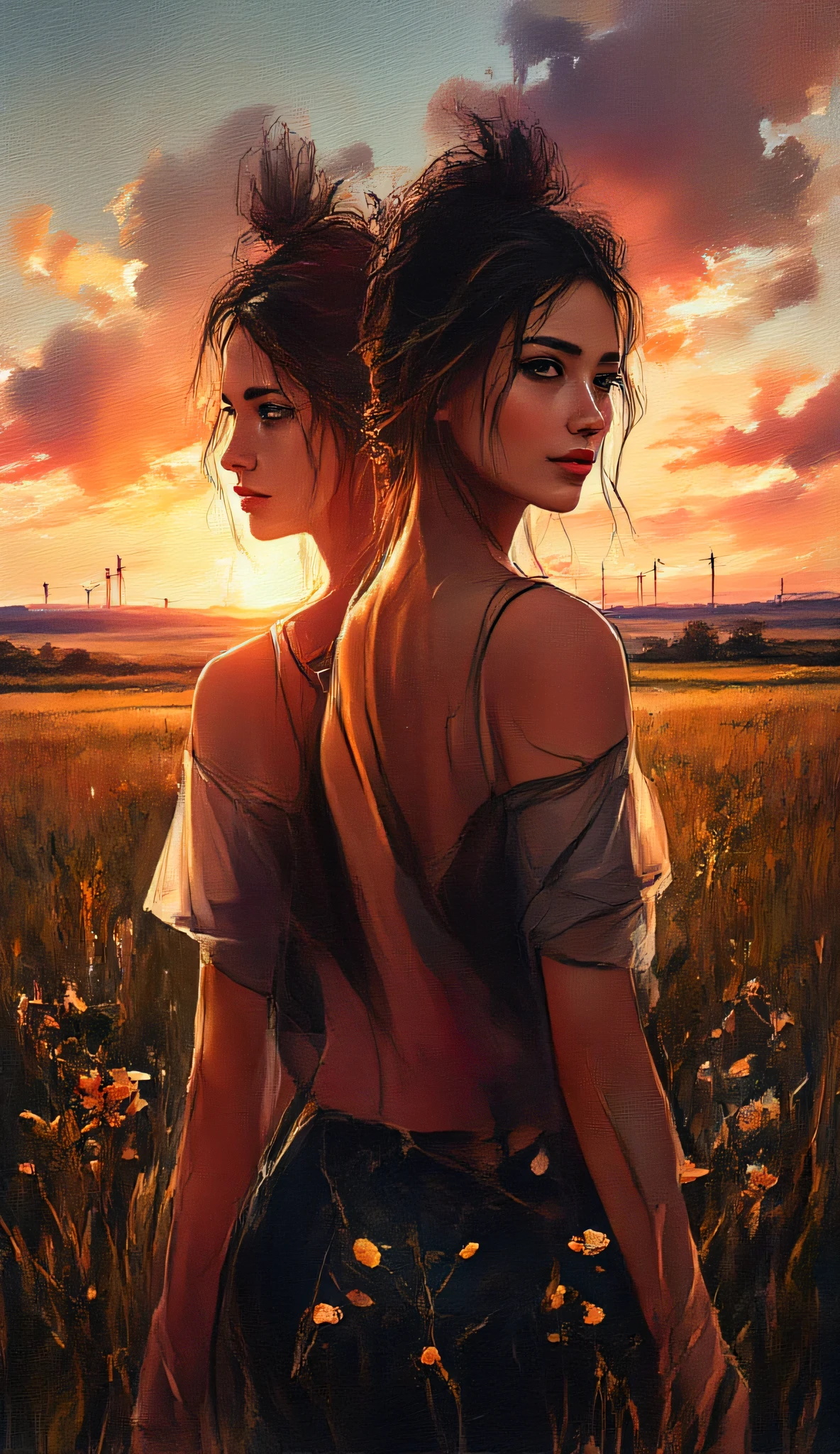 (((Masterpiece, close-up))) Drawn in ink, scratched, splashed, splattered, irregular stroke, squiggly line, atmospheric. Colored with dark, vibrant watercolor, splashes of paint, overspray. Painted on black canvas. Textures of squiggly lines and splashes of paint merge to bring to life the vivid image of a very beautiful, busty, slender young woman, two twins who look alike, with messy buns, standing in a meadow in a wide, flat rural landscape, watching the sunset.
The Vietnamese woman has flushed cheeks. She is wearing a strapless T-shirt and shorts. Her face displays a self-forgetful smile.
Background: A flat, North German landscape in midsummer with the silhouettes of wind turbines on the horizon against the backdrop of the sunset.
Overexposure effect. Warm sunsets highlight the Vietnamese woman's very facial and body features.
Masterpiece, gorgeous, beautiful, impressive, breathtaking, evocative, voluptuous, aesthetic, unique, HD, style by Zettel