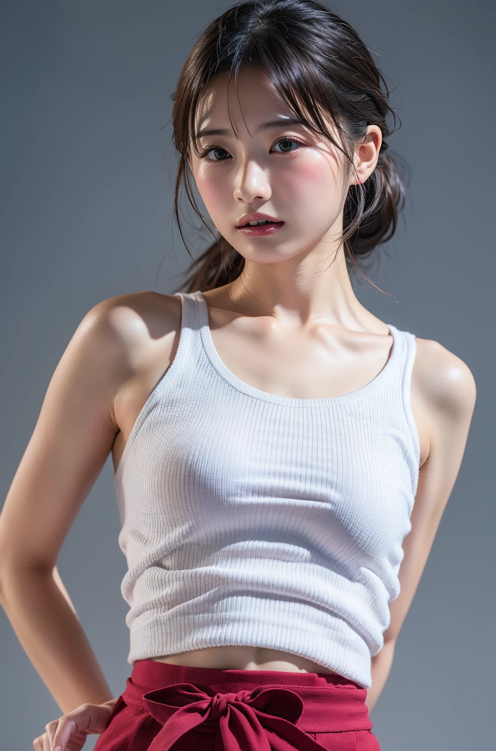 highest quality、masterpiece、ultra high resolution、Full body raw photography、(photorealistic:1.4)、1 girl、detailed face、brown eyes、latest sports gym(based on white)、training、tremendous amount of sweat、Toned body、small 、provocative wink、Wacky poses、full body angle、short haired、Beautiful Japan actress、Sakimi-chan、cinema light, realistically,best quality, Complex CG,highly detailed face,High detail eyes,