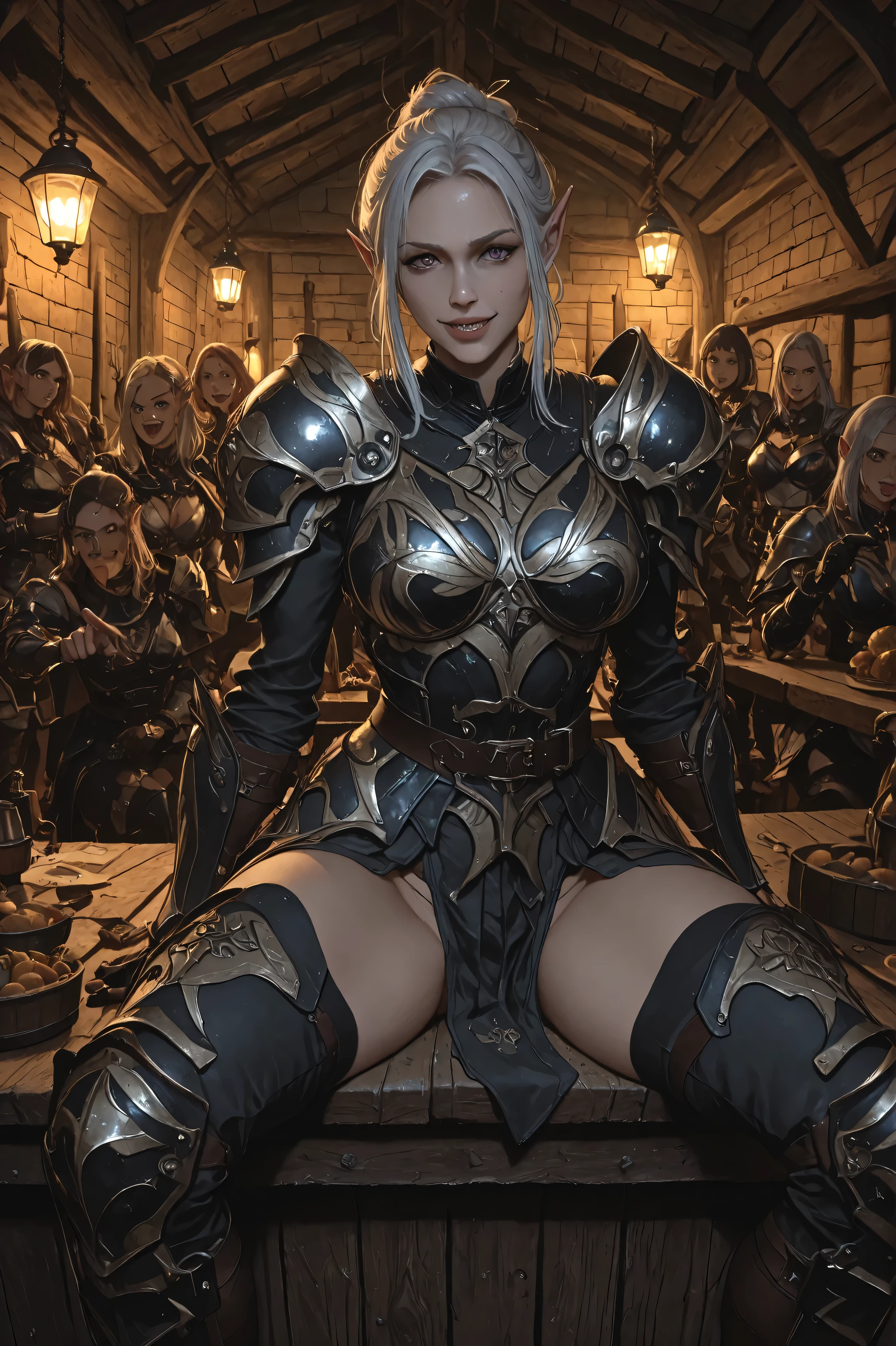 score_9, score_8_acima, score_7_acima, 32 million,obra-prima, alta qualidade, Super Detalhado, brilhante cor, poor lighting, cinematographic lighting, Minthara, BG3, 1 mulher, elfa mulher, pele cinza escura,( long and pointed ears ), only, rosto corado, tied hair,cabelo branco,  lilac eyes, medium hair, thin eyebrows, sexy light-armor, rustic medieval wooden tavern, sitting on a table with her legs spread and pointing at the observer, calling with a malicious smile, Face of a passionate woman(emphasis on the face, close), alone