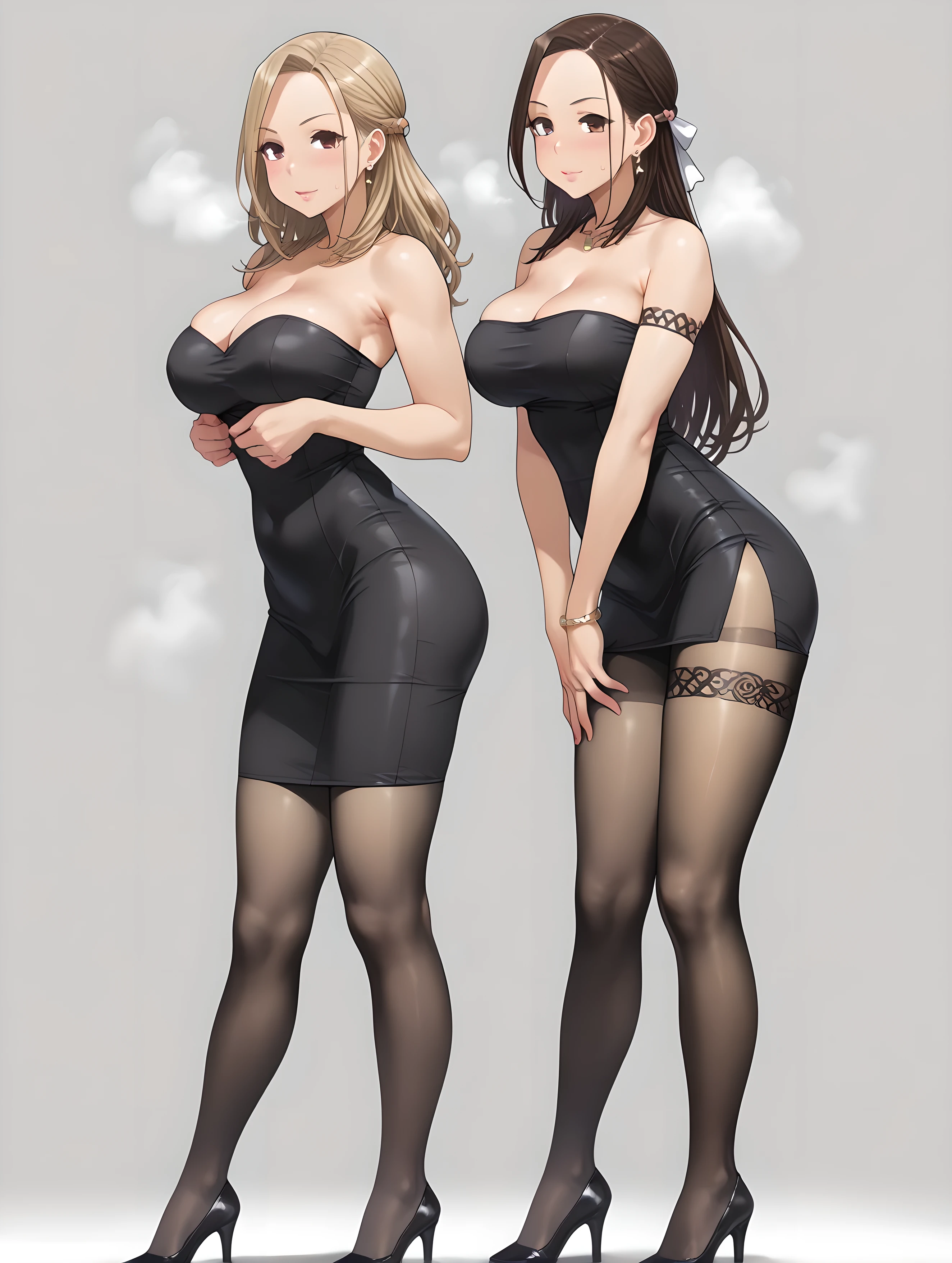 Quality;{ super real, 最高のQuality,  High Precision,  details,  high resolution, 8k, 超 high resolution, Realistic Color Saturation , プロフェッショナルQuality,  perfect contrast,  Perfect Lighting, 素晴らしいQuality, (light gray background :1.2), ( correct anatomy ),(subjectから離れて撮影:1.2),From head to ankle, ( and並んで正面を向いている :1.4), (Target 2 people ), (Beautiful 28 and 24 Year Old Secretaries Wear Super Mini Office Uniforms ), (  beautiful secretary's hot black pantyhose  :1.2), ( beautiful secretary's high heels are horny black pantyhose legs:1.2), (  beautiful secretary's steamed black pantyhose feet  ) Steam, }, 
A beautiful secretary's appearance ;{,(super cute face taking a feather),  Lashes , ( Dark Brown Eyes),   Panty Stockings , Blonde,  silver beige hair with lowered big breasts,  perfect skin,  clean skin, A woman with a short upper body ,  Big breasts ,  Black Race , Off the Shoulder,  tube top,  Disconnect,  are beautiful secretary service rules , gals focusing on beautiful secretaries , ( white women and black women ), sweatばんだ肌, Super curvy, trained body, Short waist,  thin waist , ( Extremely Long Legs :1.2), (puri legs:1.2),  Steam, (Thigh Tattoos:1.2), ( anatomically correct perfect body:1.4),  Perfect Breasts , perfect arms, (perfect legs), Short upper body,  Thin Waist ,  and the big butt, sweat, Super curvy,  plump lips , Hot, 完璧で detailsな可愛い顔,},
  subject  ;{ (ピッタリフィットの tube topとタイトミニワンピースを着用:1.2),(  Black Super Tight Miniskirt Dress , Steamy black pantyhose, and、thick high heels improve white space、beautiful secretary's black pantyhose are hot and humid:1.6), (seamless stockings),  Hand Squeeze Grease Shiny Black Panties, (  The uniform is grey and black with leopard print accents  ), ( Super Tight Miniskirt with a gray OL uniform with black pantyhose and high heels Wearing a dress is a beautiful secretary's obligation to wear thick high-heeled shoes :1.4), (2 beautiful secretaries are long to the base of the thighs :1.4), No pleats ,  (pay attention to beautiful secretary's steamy black pantyhose  )}, 