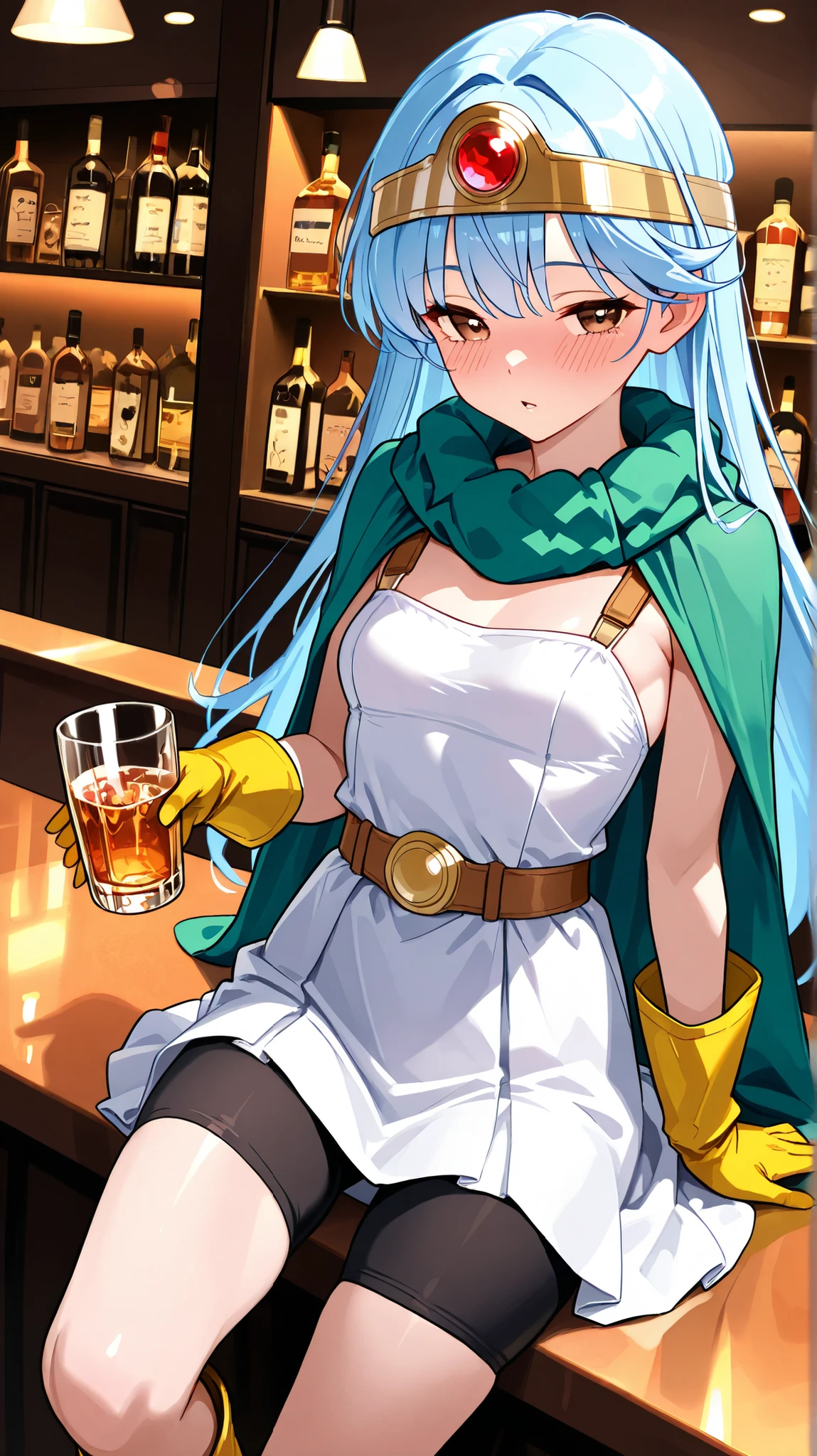 masterpiece、Inside the bar、A beautiful woman is standing next to a building、beautiful eyes、puffy eyes 、Highest Quality, 超High Precision, (reality: 1.4),、Japanese、Super beautiful、beautiful skin,(超reality的)、(High Precision)、(8k)、(very detailed)、(beautiful eyes)、(Super Detailed)、detail face、with office、bright lights lined up in a bar、professional lighting、Oblique bangs、 bright light blue hair 、20 years old、masterpiece, Highest Quality, Super Detailed, Dragon Quest III: Female wise man 、long hair,, simple tiara with red gemstones、 brown eyes,small breasts, Yellow Gloves, white dress, belt,emerald green cape, boots、holding a glass of alcohol in your hand、drinking、I'm drunk、Of the 5 legs、Sleeping at the counter、I'm drunk 、lying face down on the counter 、Black bloomers under skirt