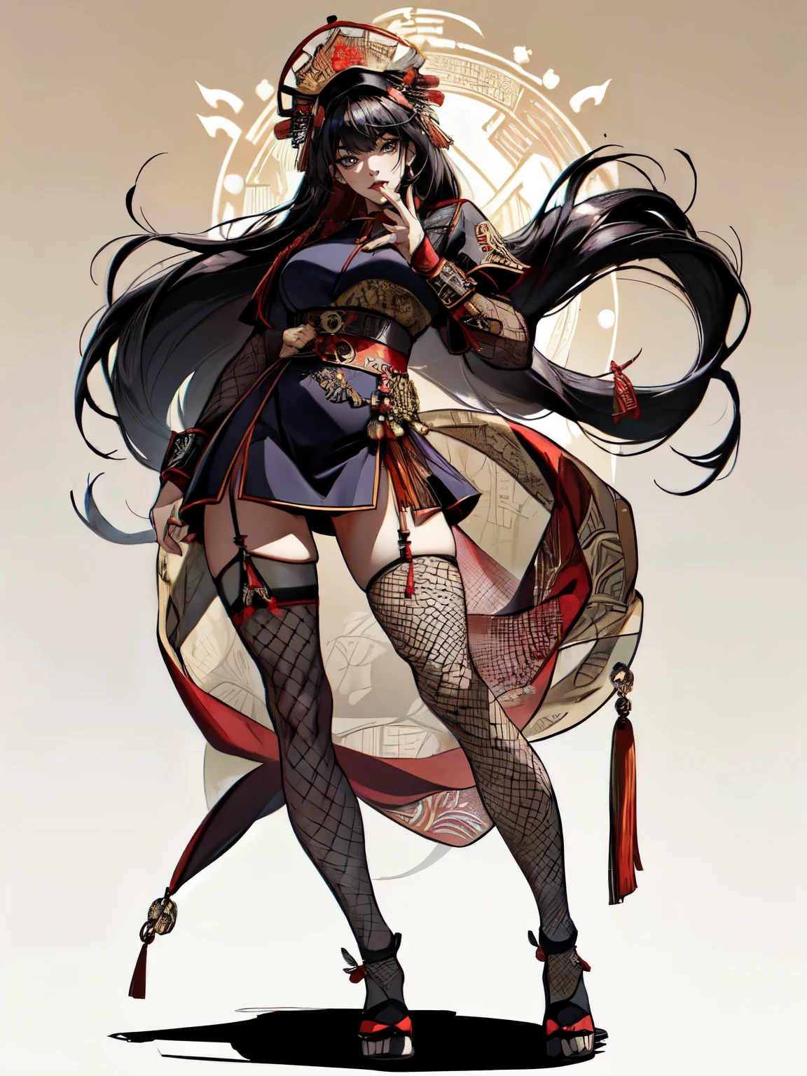 (((no background))), attractive woman, a woman from the Three Kingdoms period, Big breasts, ((revealing costume)), Solo, Three Kingdoms costume , ((black eyes)), (((Harmonious hands))), (((full body))), (((Solo))), ((fishnet stockings)), (((natural gaze))), (((natural hands))), headdress, (long hair),