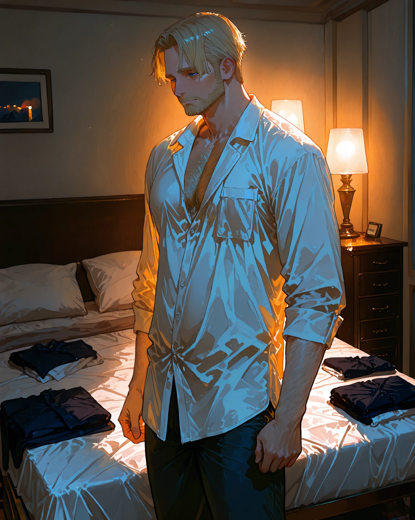 Summer morning, sunrise, light breeze, in a cozy cabin of a luxury yacht a couple sleeps on a large bed: 1 woman (an incredibly beautiful young femme fatale-blonde with blue eyes and long golden hair reaching to the waist, wearing short pajamas with thin lace, romantic appearance) and 1 man (tall, handsome, a manly, athletic young man - platinum blond, he has blue eyes, tanned skin, long straight platinum hair, he is dressed in simple cotton pants), he hugs her. The ocean breeze. Masterpiece, perfect image, realistic photos, full-length image, 8K, detailed image, extremely detailed illustration, a real masterpiece of the highest quality, with careful drawing. glow.