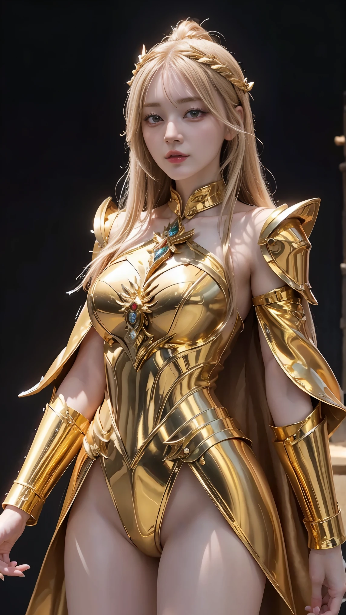 charming russian model 、Nata Lee, light blond hair, Close up of a woman in golden clothes wearing a gold cape, 美しい模様の gold armor, MOVIE GODDDESS SHOT , God of Humanity Emperor , 黄 gold armor, Saint Seiya, Gold Paladin , Light Gold Armor, goddess, gold armorを着ている, Wearing、(Holding a shining holy sword with both hands)Dim Labyrinth , gold armor, Closeup of a woman wearing golden armor , The goddesss of gold, Charisma, model stand, her whole body shines like a diamond ,Sexy