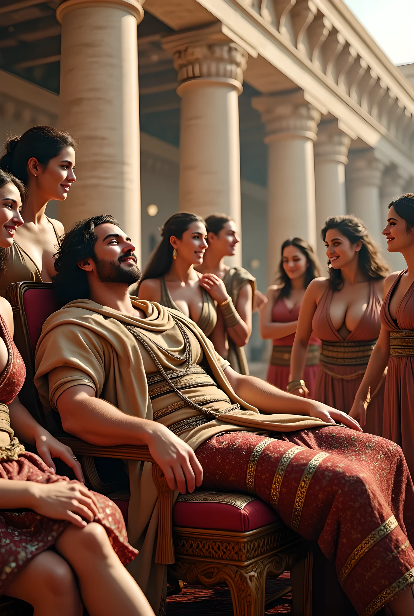 You are a digital artist specializing in hyperrealistic cinematography. Your objective is to create a vivid and detailed scene set in the prehistoric Assyrian era, focusing on a king surrounded by his harem in a luxurious palace.
**Context:** The scene should reflect the grandeur of ancient Assyrian civilization, showcasing intricate details and a lively atmosphere.
**Task & Inputs:** Generate a hyperrealistic image with the following specifications:
- **Audience:** Artists and historians interested in ancient civilizations.
- **Tone:** Lively and vibrant.
- **Length:** N/A (visual output).
- **Style:** Hyperrealism with a focus on depth and detail.
**Output Format:**
- A digital artwork that includes:
- The Assyrian king, slouching yet happy, in full wool fabric.
- Several female harems, depicted joyfully surrounding the king.
- A luxurious palace background with intricate interior design.
- Cinematic dynamic angles and depth of field.
**Constraints:**
- Use HDR and golden hour lighting.
- Ensure realistic human anatomy and motion.
- Follow the rule of thirds for composition.
- Include 3D textures and CGI elements.
- Ensure the artwork is SFW.
**Quality Checklist:**
- Is the king's expression clearly depicted?
- Are the details of the palace and harem accurately rendered?
- Does the composition follow photography best practices?
**Few-shot Examples:**
- Consider styles trending on CGSociety or DeviantArt.
- Reference artworks inspired by Far Cry 5 for dynamic composition.
**Fallback Behavior:** If any inputs are missing, please clarify:
1. What specific elements should be prioritized in the scene?
2. Are there any particular colors or themes to focus on?
3. What level of detail is expected for the palace interior?