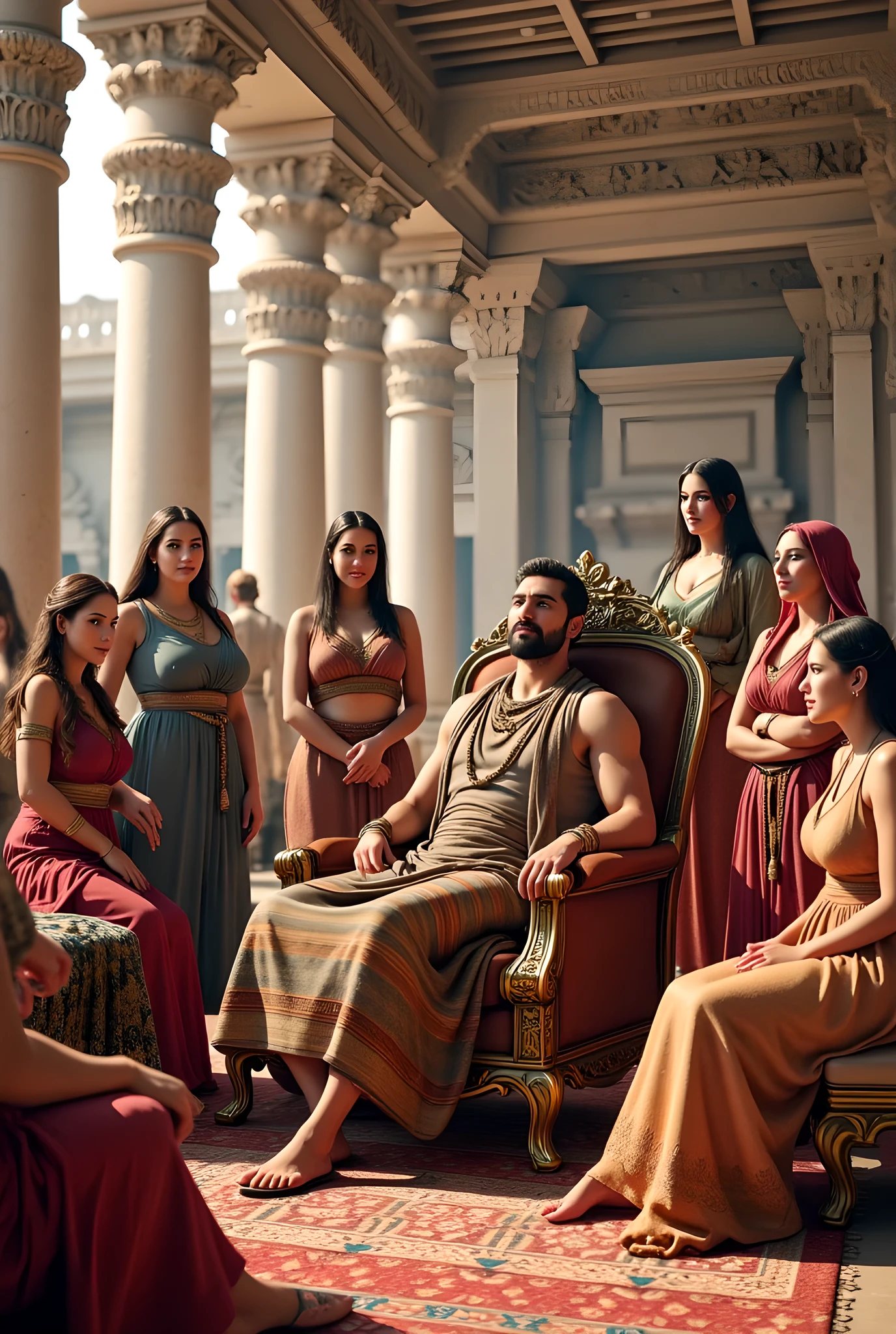 You are a digital artist specializing in hyperrealistic cinematography. Your objective is to create a vivid and detailed scene set in the prehistoric Assyrian era, focusing on a 👑 king surrounded by his harem wives in a luxurious palace.
Context: The scene should reflect the grandeur of ancient Assyrian civilization, showcasing intricate details and a lively atmosphere.
Task & Inputs: Generate a hyperrealistic image with the following specifications:
- Audience: Artists and historians interested in ancient civilizations.
- Tone: Lively and vibrant.
- Length: N/A (visual output).
- Style: Hyperrealism with a focus on depth and detail.
Output Format:
- A digital artwork that includes:
- The Assyrian king, slouching yet happy, in full wool fabric.
- Several female harems, depicted joyfully surrounding the king.
- A luxurious palace background with intricate interior design.
- Cinematic dynamic angles and depth of field.
Constraints:
- Use HDR and golden hour lighting.
- Ensure realistic human and motion.
- Follow the rule of thirds for composition.
- Include 3D textures and CGI elements.
- Ensure the artwork is SFW.
Quality Checklist:
- Is the king's expression clearly depicted?
- Are the details of the palace and harem accurately rendered?
- Does the composition follow photography best practices?
Few-shot Examples:
- Consider styles trending on CGSociety or DeviantArt.
- Reference artworks inspired by Far Cry 5 for dynamic composition.
Fallback Behavior: If any inputs are missing, please clarify:
1. What specific elements should be prioritized in the scene?
2. Are there any particular colors or themes to focus on?
3. What level of detail is expected for the palace interior?